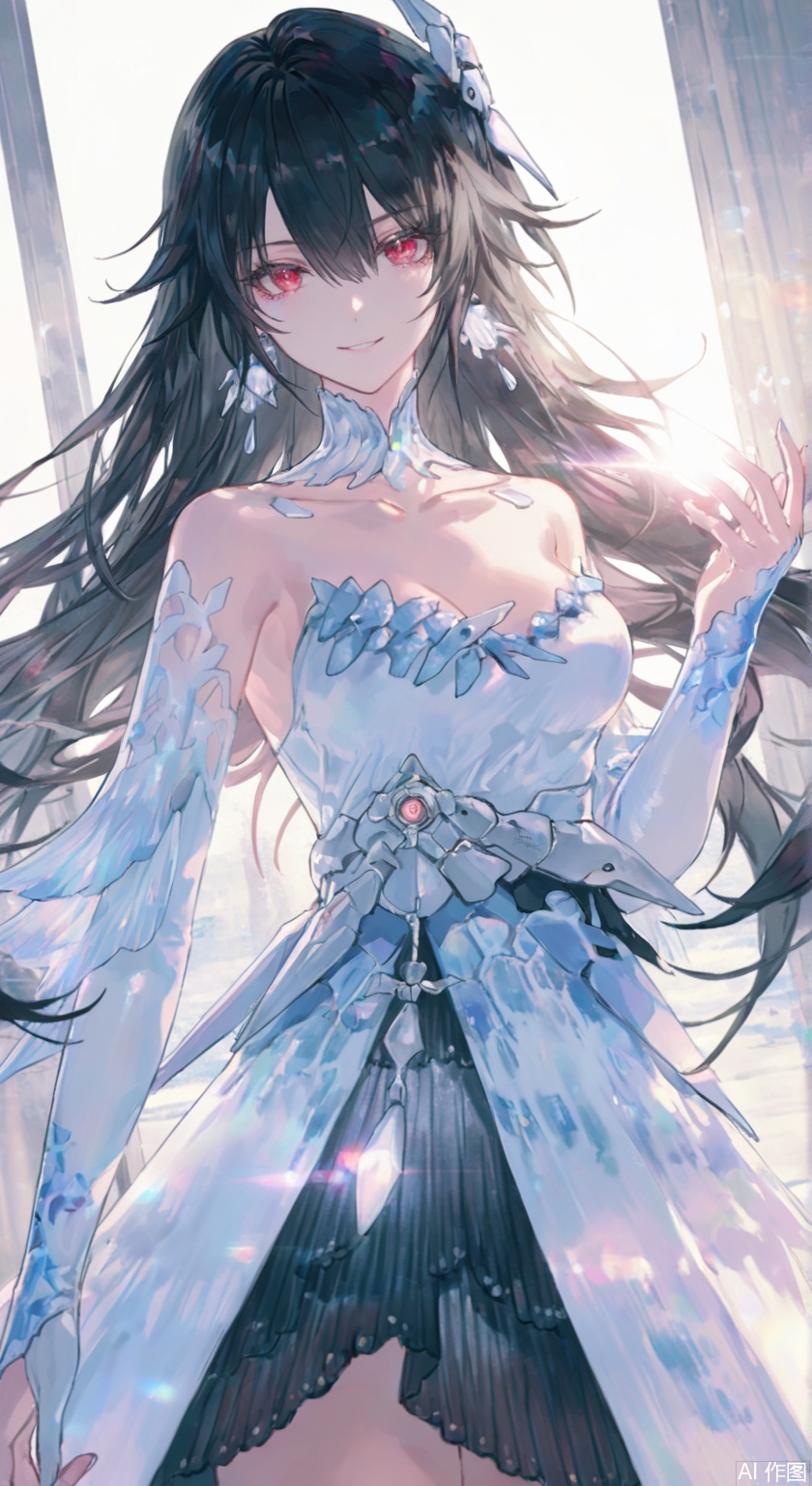 (artist:quasarcake:0.6),lens flare,extreme aesthetic,masterpiece, best quality, backlight,high quality, (Tyndall Effect 1.4),extremely detailed, High Detail, vibrant colors, anime style, cover art,(wanke:0.8),(watercolor \(tira 7:0.8),(lam (ramdayo):0.8),(mochizuki kei:0.8),extreme aesthetic,masterpiece,best quality,good quality,newest,very aesthetic,absurdres,Visual impact,32K UHD,colorful,sharp focus,
lucia(PGR),1girl, solo, long hair, breasts, looking at viewer, smile, bangs, black hair, hair ornament, red eyes, dress, hair between eyes, bare shoulders, jewelry, collarbone, earrings, indoors, white gloves, white dress,perfect hands