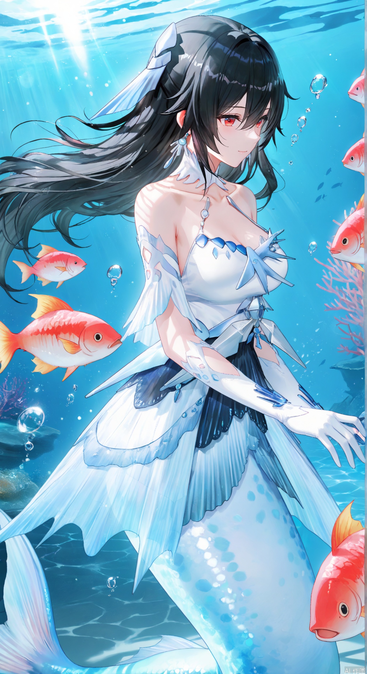 1girl, solo,lucia(PGR), long hair, breasts,bangs, black hair, hair ornament, red eyes, soft gentle eyes,gentle expression,light smile,dress, hair between eyes, bare shoulders, jewelry, collarbone, earrings, indoors, white gloves, white dress, monster girl, fish, bubble, underwater, air bubble, mermaid,depth of field, light particles, lens flare, masterpiece,best quality,((artist:reoen),(artist:fuzichoco),(artist:atdan),(artist:torino_aqua:0.5),year 2024:0.5),(artist:omone_hokoma_agm:0.8), 2d, anime,from side