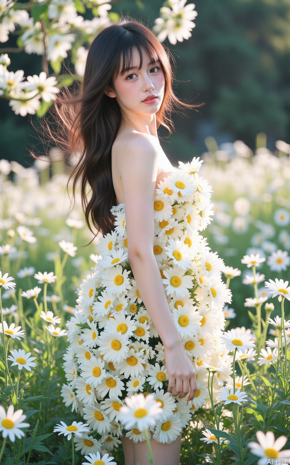 The image shows a young woman standing in a field of white daisies
She is wearing a strapless dress that is covered in a large bouquet of yellow and white flowers
The woman has long dark hair that is flowing in the wind and is looking off to the side with a serious expression on her face
The field is full of daisy flowers and the background is blurred, creating a dreamy and ethereal atmosphere
The overall mood of the image is peaceful and serene.