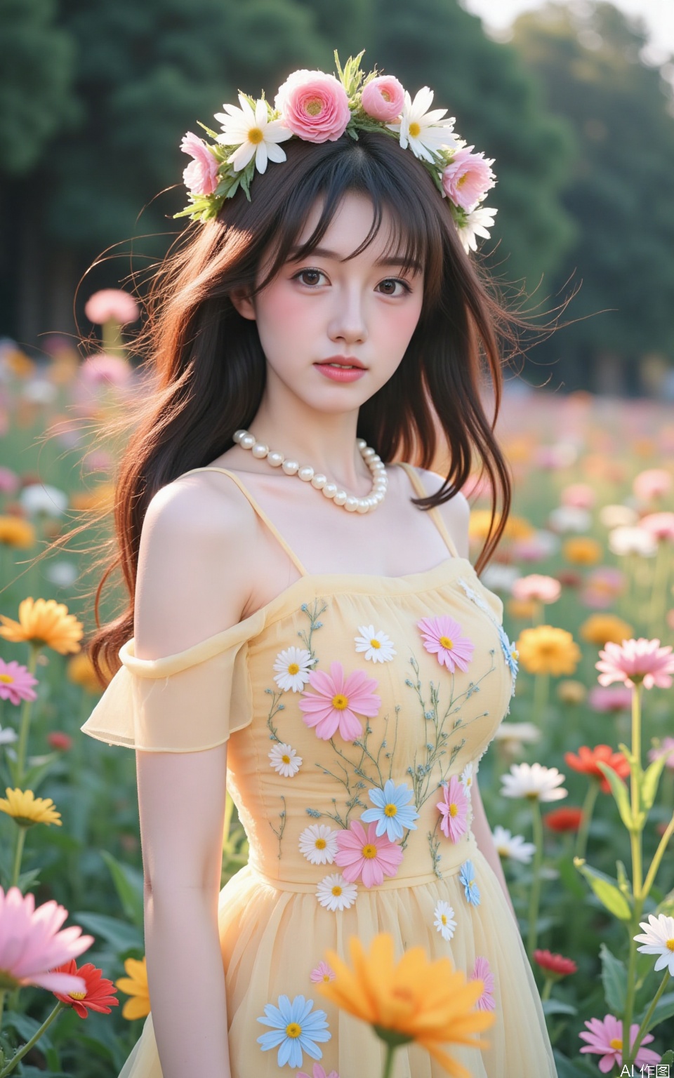 The image is a portrait of a young woman with long dark hair and a flower crown on her head. She is standing in a field of colorful flowers, with trees in the background. The woman is wearing a yellow dress with a floral pattern and a pearl necklace. She has a serious expression on her face and is looking directly at the camera. The overall mood of the image is dreamy and ethereal.