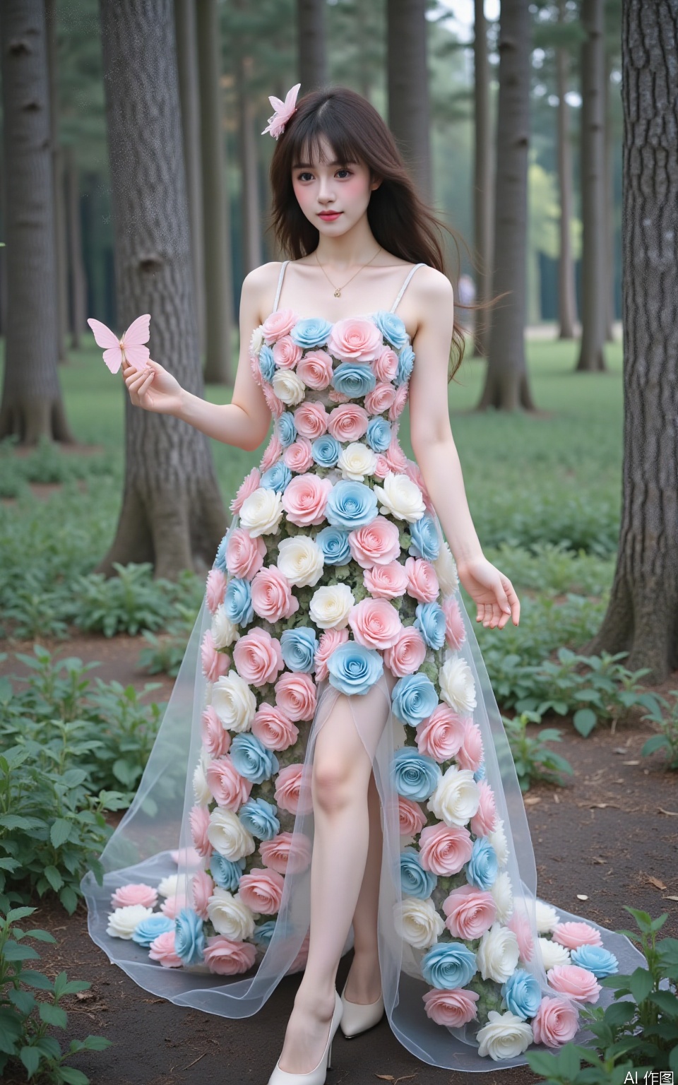 The image shows a young woman standing in a forest. She is wearing a long, flowing dress made up of pink and blue roses. The dress has a sweetheart neckline and thin straps. The skirt of the dress is full and flows down to the ground. The woman is holding a small pink butterfly in her hand. She has long dark hair styled in loose waves and is wearing high heels. The background is filled with tall trees and lush greenery. The overall mood of the image is dreamy and ethereal.