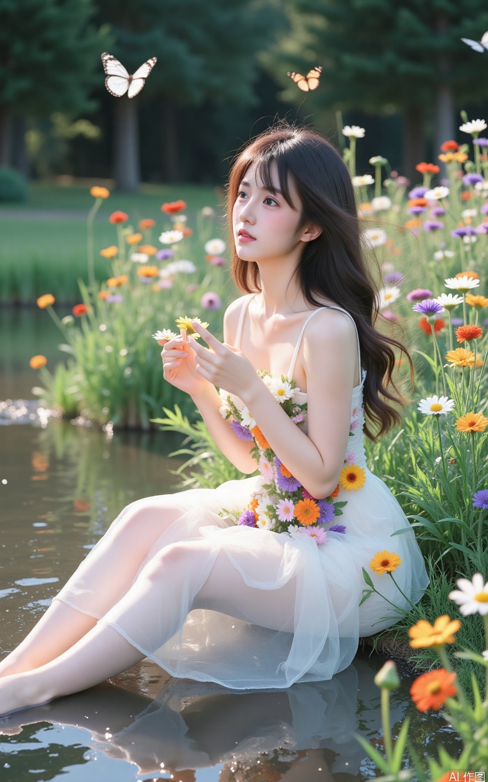The image shows a young woman sitting on the edge of a pond surrounded by a field of colorful flowers. She is wearing a white dress with a floral pattern and has long dark hair. The woman is holding a small bouquet of flowers in her hand and is looking off into the distance with a peaceful expression on her face. The pond is filled with water and there are several butterflies fluttering around her. The background is blurred, but it appears to be a garden or park with trees and greenery. The overall mood of the image is serene and peaceful.