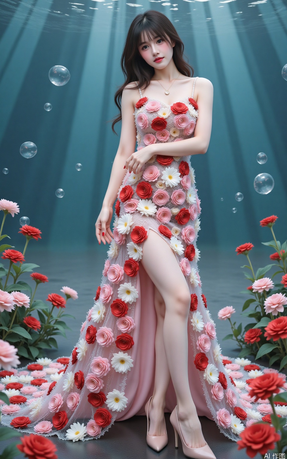The image shows a young woman standing in a field of pink and red flowers. She is wearing a long, flowing gown with a sweetheart neckline and a high slit on the side. The gown is made up of multiple layers of flowers in different shades of pink, red, and white, creating a beautiful and intricate design. The woman is posing with one hand on her hip and the other resting on her thigh. She has long dark hair styled in loose waves and is wearing high heels. The background is a deep blue ocean with bubbles floating around her. The overall mood of the image is dreamy and romantic.
