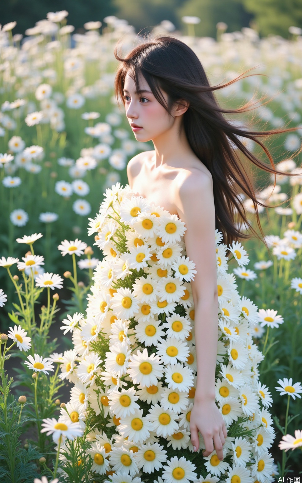 The image shows a young woman standing in a field of white daisies
She is wearing a strapless dress that is covered in a large bouquet of yellow and white flowers
The woman has long dark hair that is flowing in the wind and is looking off to the side with a serious expression on her face
The field is full of daisy flowers and the background is blurred, creating a dreamy and ethereal atmosphere
The overall mood of the image is peaceful and serene.