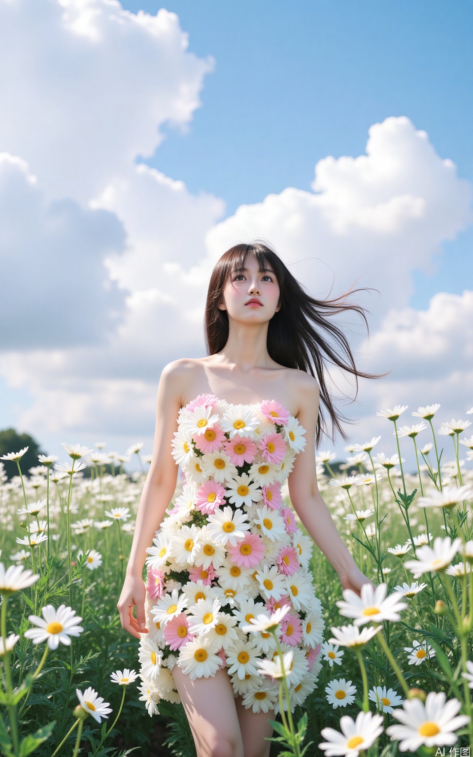 The image shows a young woman standing in a field of white daisies. She is wearing a strapless dress with pink and white flowers covering her body. Her long dark hair is blowing in the wind and she is looking up towards the sky with a peaceful expression on her face. The sky is blue with white clouds scattered across it. The field is full of daisy flowers, creating a beautiful and serene atmosphere. The overall mood of the image is dreamy and dreamy.