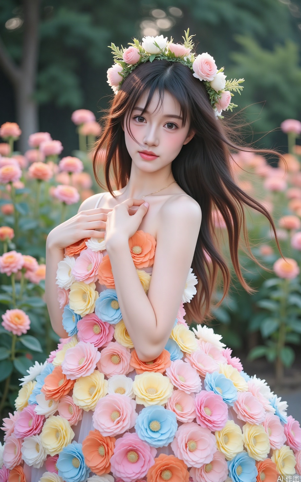 The image is a portrait of a young woman standing in a garden with pink and orange roses in the background. She is wearing a strapless dress with a floral crown on her head. The dress is made up of multiple layers of colorful flowers in shades of pink, orange, yellow, and blue. The woman has long dark hair and is looking directly at the camera with a serious expression. The overall mood of the image is romantic and dreamy.