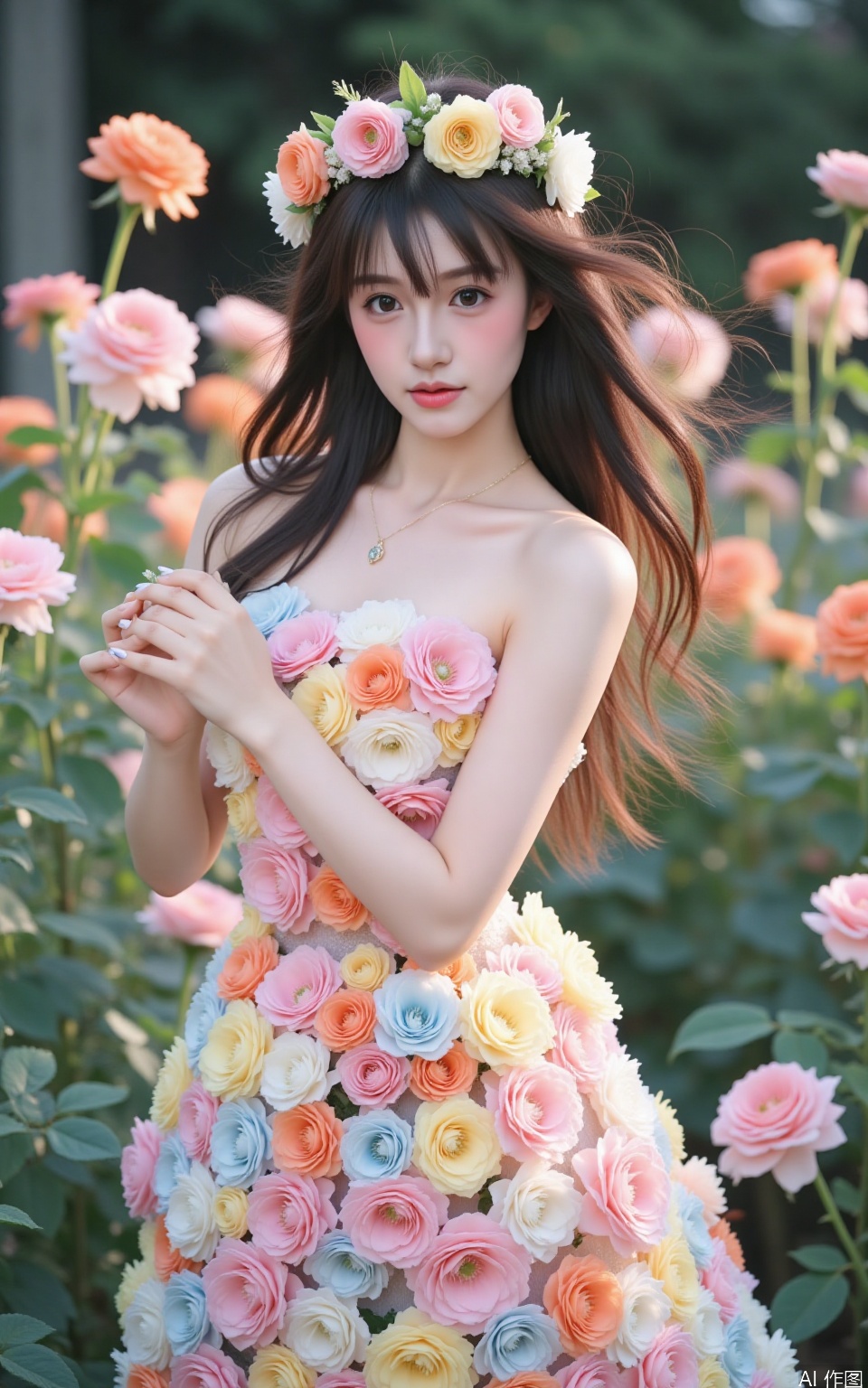 The image is a portrait of a young woman standing in a garden with pink and orange roses in the background. She is wearing a strapless dress with a floral crown on her head. The dress is made up of multiple layers of colorful flowers in shades of pink, orange, yellow, and blue. The woman has long dark hair and is looking directly at the camera with a serious expression. The overall mood of the image is romantic and dreamy.