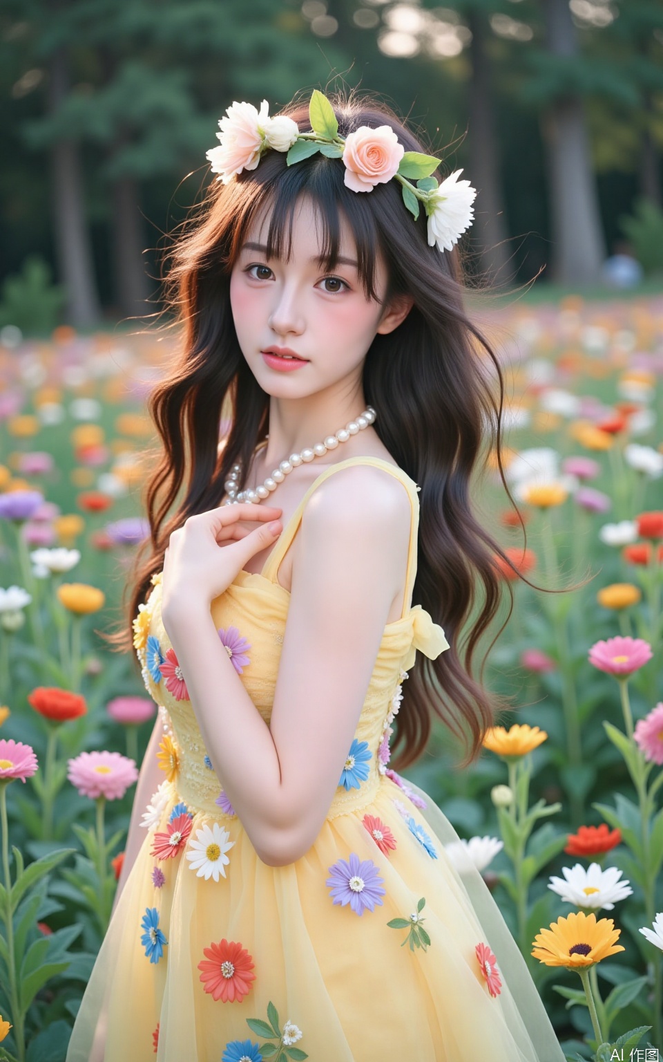 The image is a portrait of a young woman with long dark hair and a flower crown on her head. She is standing in a field of colorful flowers, with trees in the background. The woman is wearing a yellow dress with a floral pattern and a pearl necklace. She has a serious expression on her face and is looking directly at the camera. The overall mood of the image is dreamy and ethereal.