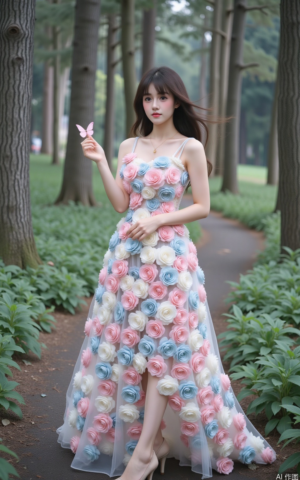 The image shows a young woman standing in a forest. She is wearing a long, flowing dress made up of pink and blue roses. The dress has a sweetheart neckline and thin straps. The skirt of the dress is full and flows down to the ground. The woman is holding a small pink butterfly in her hand. She has long dark hair styled in loose waves and is wearing high heels. The background is filled with tall trees and lush greenery. The overall mood of the image is dreamy and ethereal.