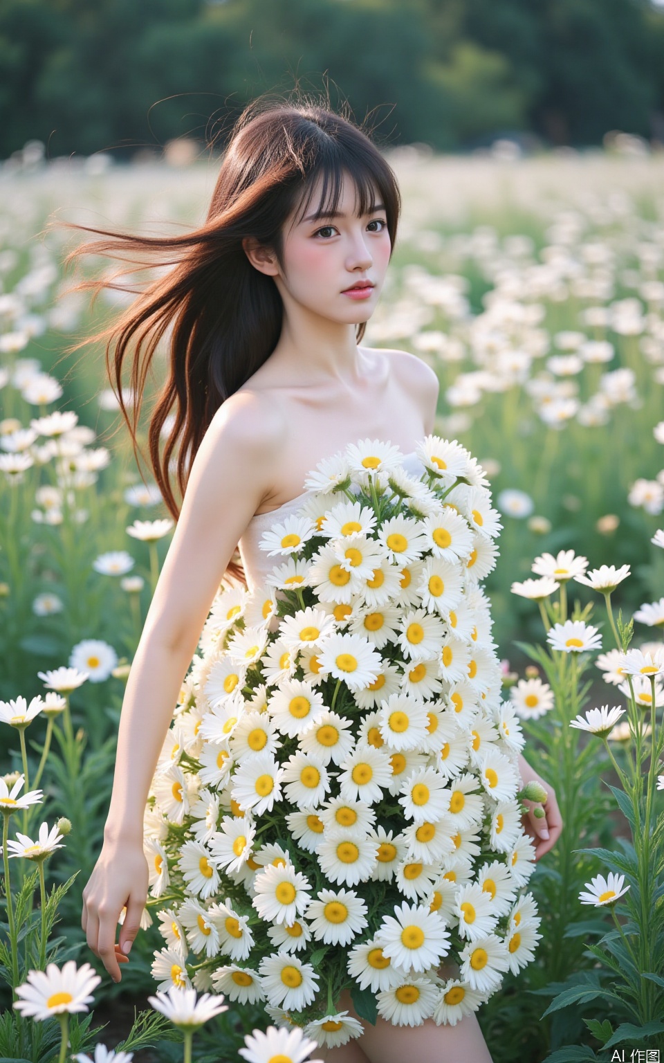 The image shows a young woman standing in a field of white daisies
She is wearing a strapless dress that is covered in a large bouquet of yellow and white flowers
The woman has long dark hair that is flowing in the wind and is looking off to the side with a serious expression on her face
The field is full of daisy flowers and the background is blurred, creating a dreamy and ethereal atmosphere
The overall mood of the image is peaceful and serene.