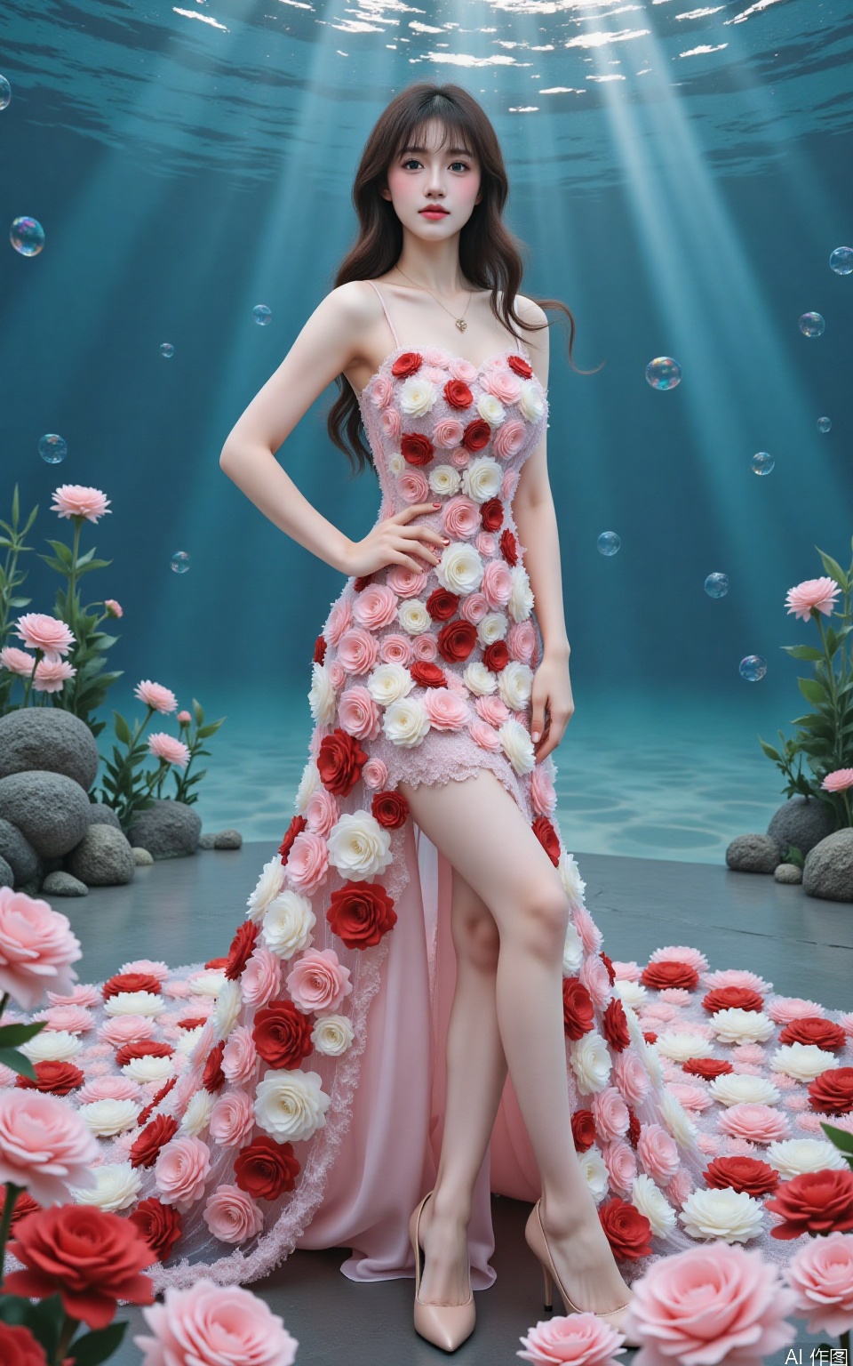 The image shows a young woman standing in a field of pink and red flowers. She is wearing a long, flowing gown with a sweetheart neckline and a high slit on the side. The gown is made up of multiple layers of flowers in different shades of pink, red, and white, creating a beautiful and intricate design. The woman is posing with one hand on her hip and the other resting on her thigh. She has long dark hair styled in loose waves and is wearing high heels. The background is a deep blue ocean with bubbles floating around her. The overall mood of the image is dreamy and romantic.