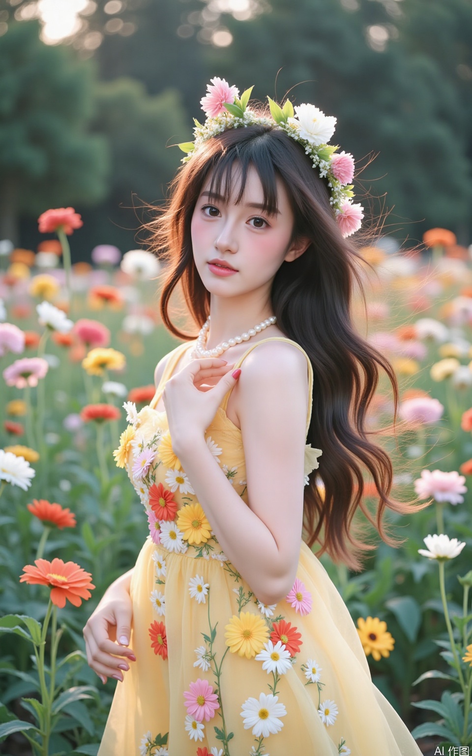 The image is a portrait of a young woman with long dark hair and a flower crown on her head. She is standing in a field of colorful flowers, with trees in the background. The woman is wearing a yellow dress with a floral pattern and a pearl necklace. She has a serious expression on her face and is looking directly at the camera. The overall mood of the image is dreamy and ethereal.