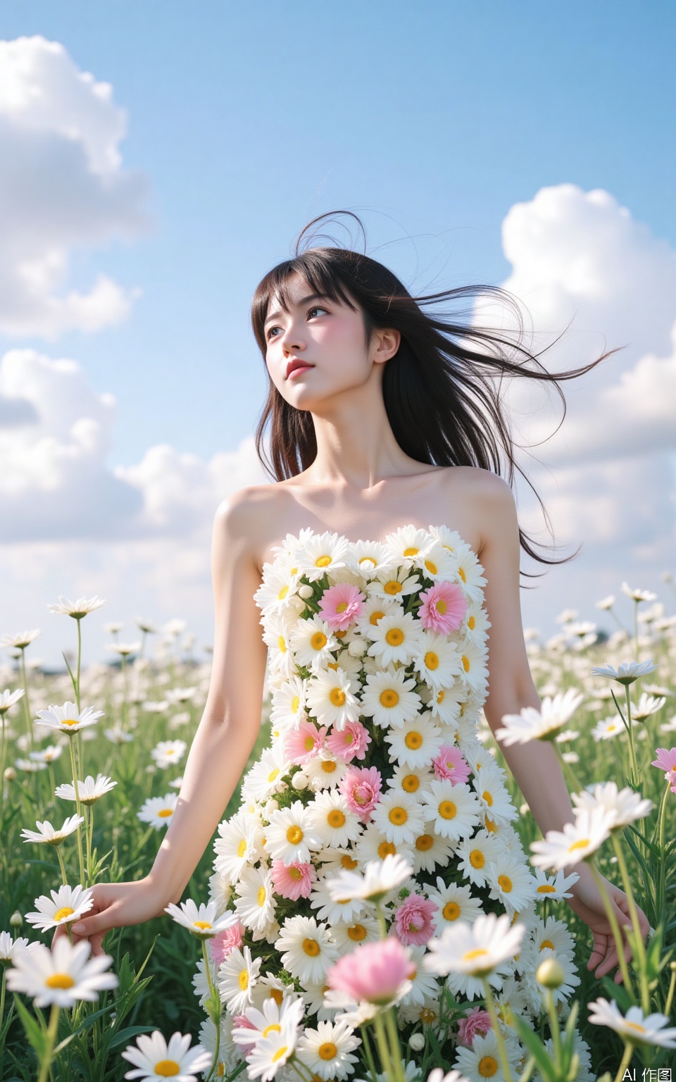 The image shows a young woman standing in a field of white daisies. She is wearing a strapless dress with pink and white flowers covering her body. Her long dark hair is blowing in the wind and she is looking up towards the sky with a peaceful expression on her face. The sky is blue with white clouds scattered across it. The field is full of daisy flowers, creating a beautiful and serene atmosphere. The overall mood of the image is dreamy and dreamy.