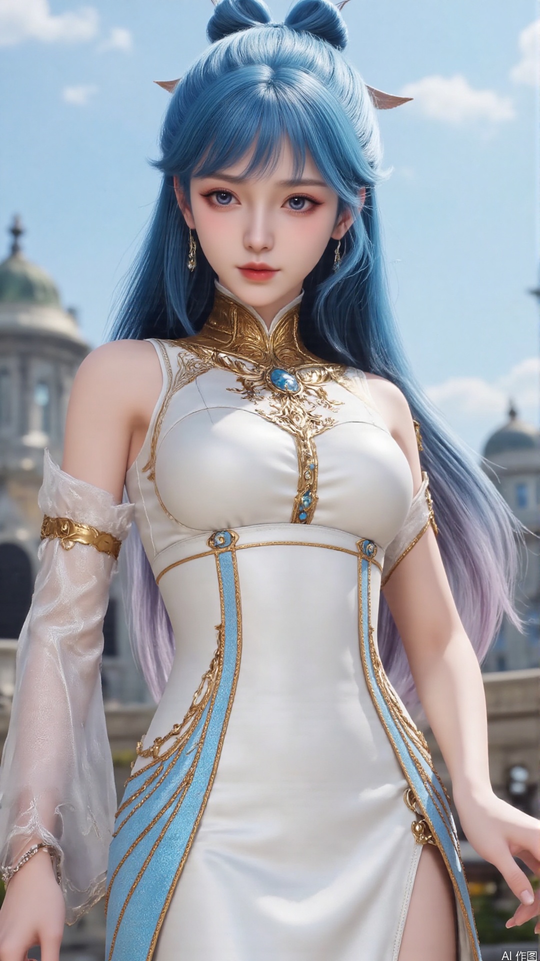 1girl, solo, dress, blue hair, jewelry, earrings, blue eyes, long hair, hair rings, hair ornament, detached sleeves, looking at viewer, mischevious smile, perfect body, scenery, sharp focus, best quality, masterpiece, detailed outfit, illustration, perfect eyes, finely detailed beautiful anime eyes, realistic skin, intricate details, best lighting, depth of field, ultra high resolution,cowboy_shot