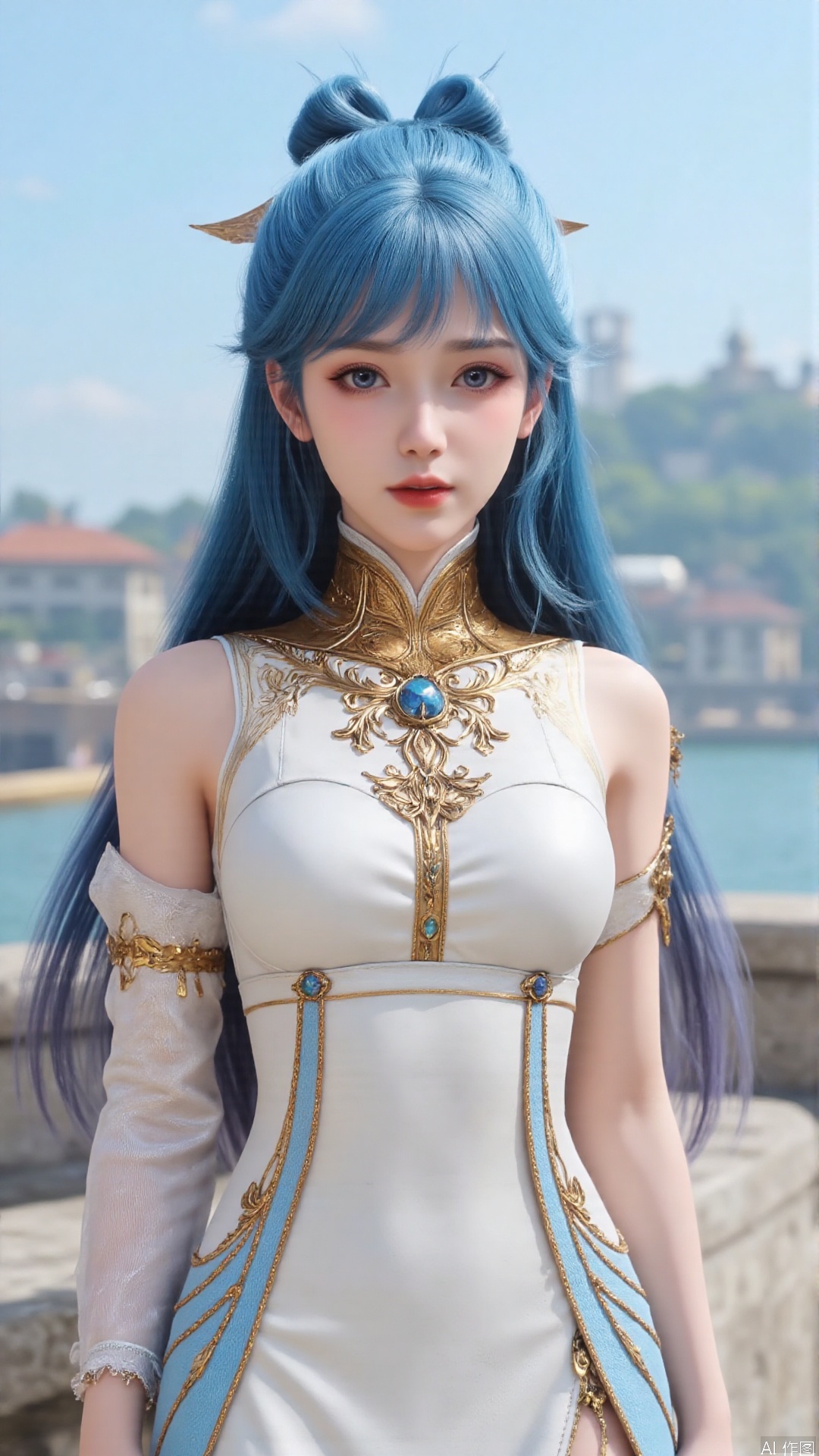 1girl, solo, dress, blue hair, jewelry, earrings, blue eyes, long hair, hair rings, hair ornament, detached sleeves, looking at viewer, mischevious smile, perfect body, scenery, sharp focus, best quality, masterpiece, detailed outfit, illustration, perfect eyes, finely detailed beautiful anime eyes, realistic skin, intricate details, best lighting, depth of field, ultra high resolution,cowboy_shot