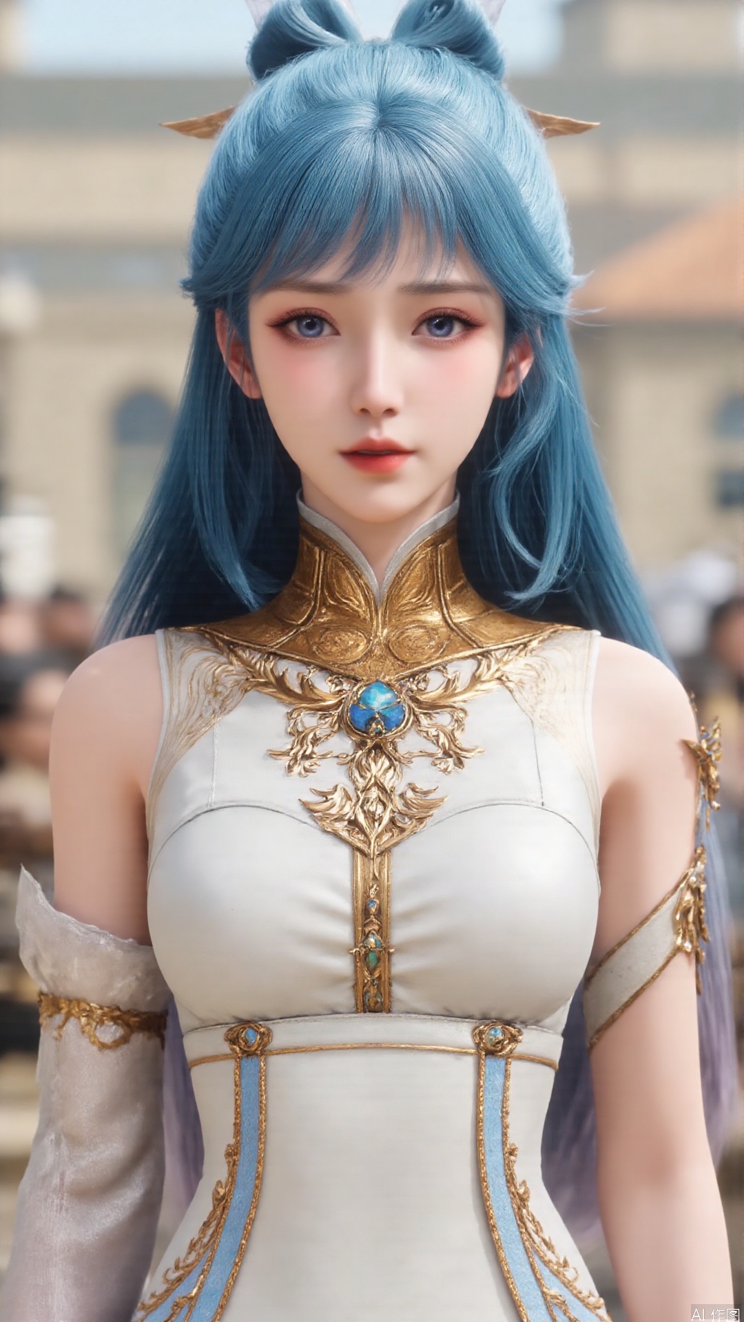 1girl, white wedding dress,looking at viewer, mischevious smile, perfect body, scenery, sharp focus, best quality, masterpiece, detailed outfit, illustration, perfect eyes, finely detailed beautiful anime eyes, realistic skin, intricate details, best lighting, depth of field, ultra high resolution, cowboy_shot, bride