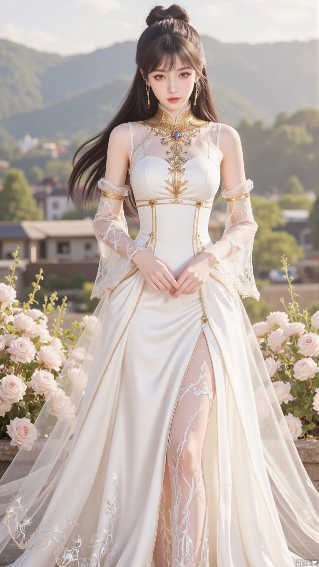 1girl, white wedding dress,looking at viewer, mischevious smile, perfect body, scenery, sharp focus, best quality, masterpiece, detailed outfit, illustration, perfect eyes, finely detailed beautiful anime eyes, realistic skin, intricate details, best lighting, depth of field, ultra high resolution, cowboy_shot, bride