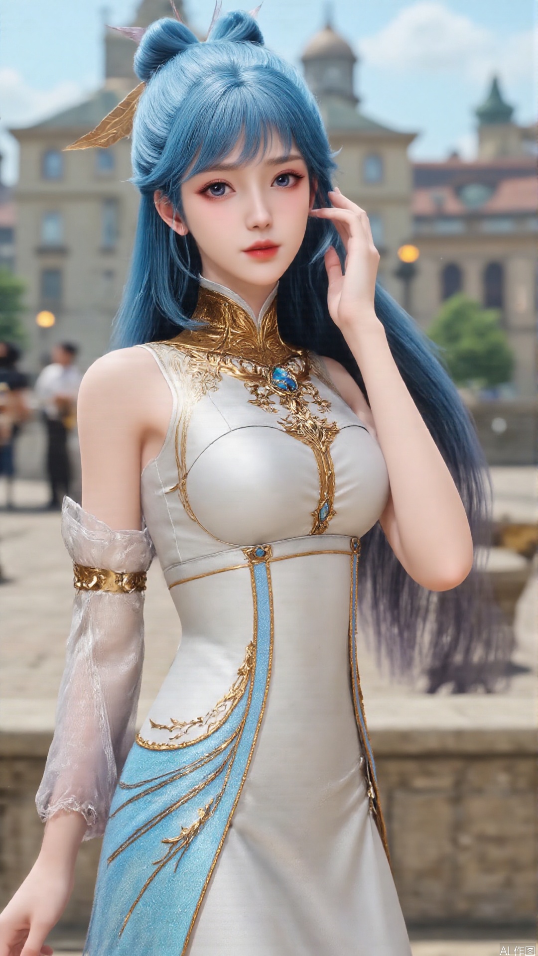 1girl, solo, dress, blue hair, jewelry, earrings, blue eyes, long hair, hair rings, hair ornament, detached sleeves, looking at viewer, mischevious smile, perfect body, scenery, sharp focus, best quality, masterpiece, detailed outfit, illustration, perfect eyes, finely detailed beautiful anime eyes, realistic skin, intricate details, best lighting, depth of field, ultra high resolution,cowboy_shot