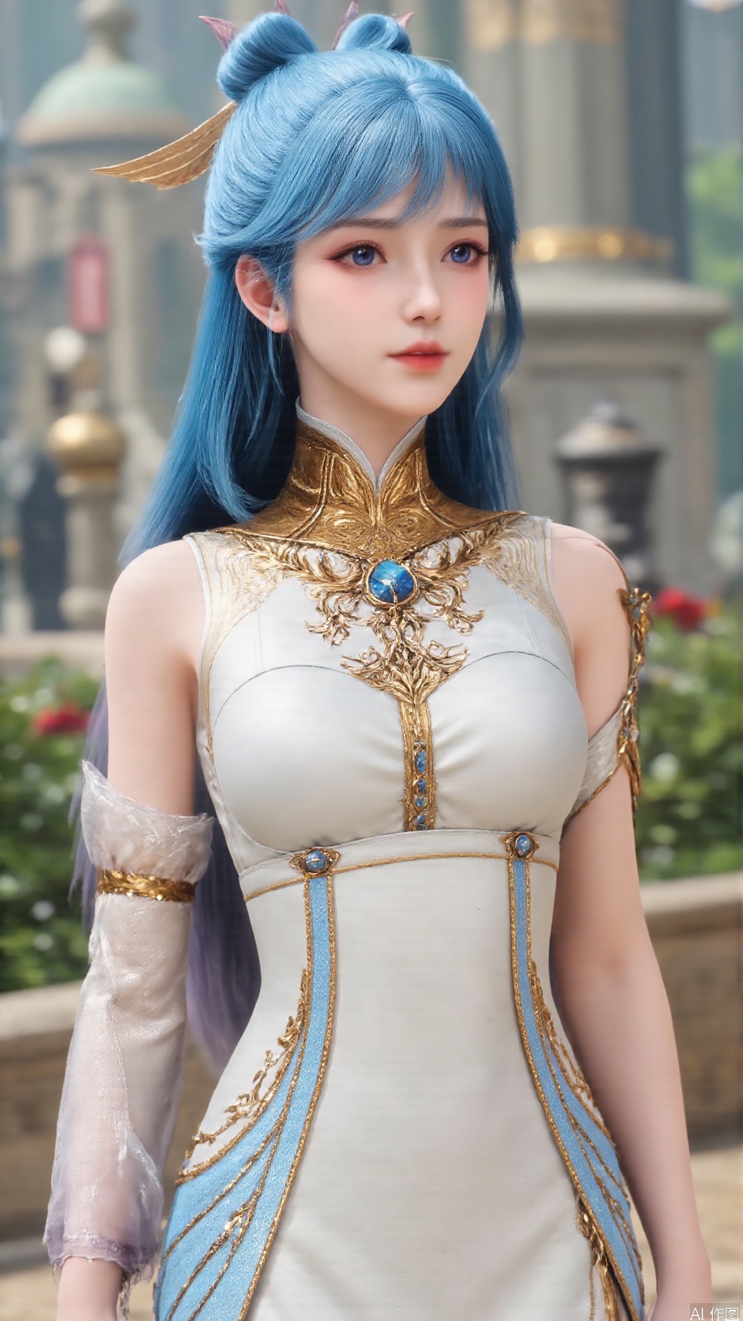 1girl, solo, dress, blue hair, jewelry, earrings, blue eyes, long hair, hair rings, hair ornament, detached sleeves, looking at viewer, mischevious smile, perfect body, scenery, sharp focus, best quality, masterpiece, detailed outfit, illustration, perfect eyes, finely detailed beautiful anime eyes, realistic skin, intricate details, best lighting, depth of field, ultra high resolution,cowboy_shot