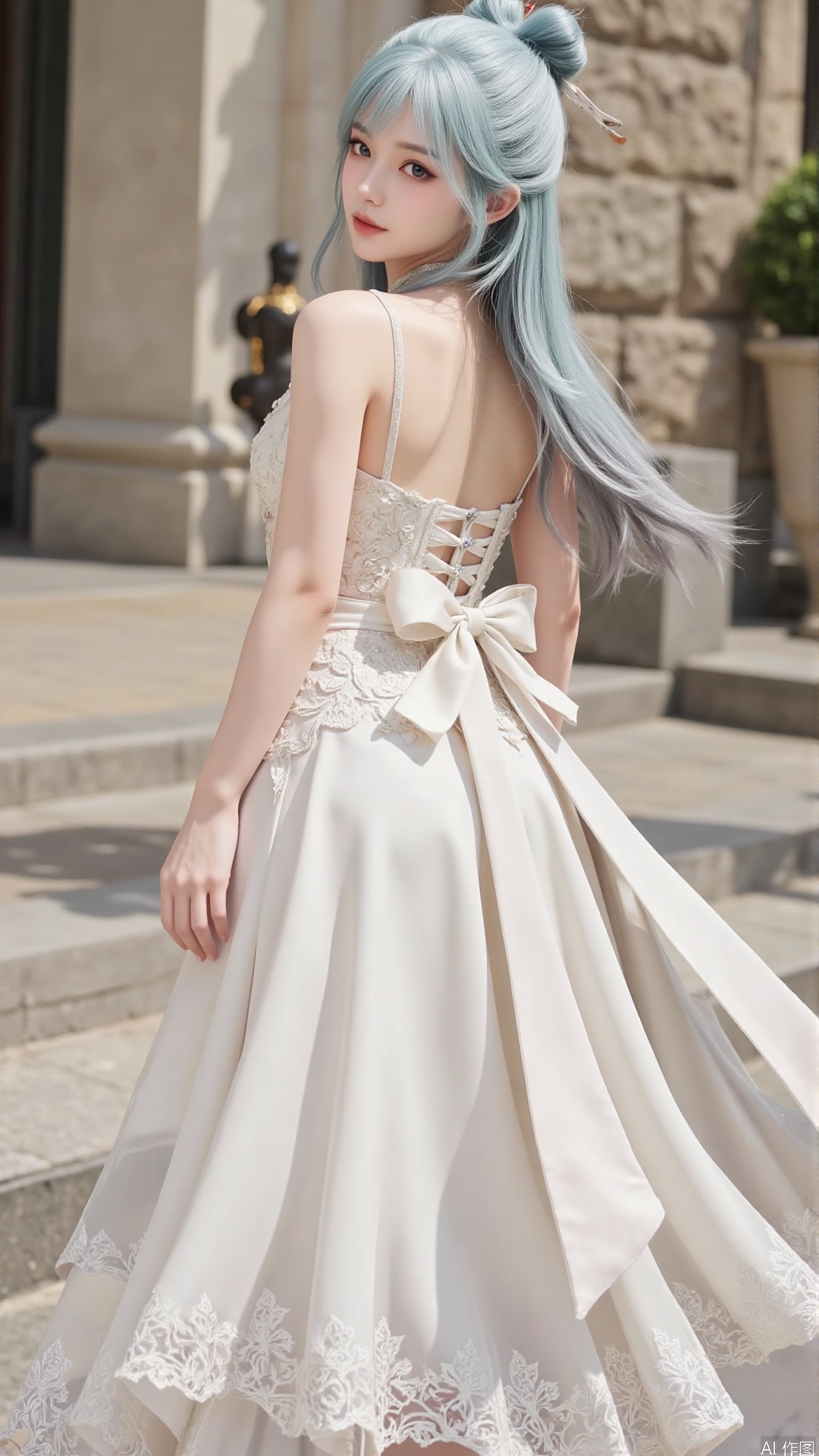 1girl, white wedding dress,looking at viewer, mischevious smile, perfect body, scenery, sharp focus, best quality, masterpiece, detailed outfit, illustration, perfect eyes, finely detailed beautiful anime eyes, realistic skin, intricate details, best lighting, depth of field, ultra high resolution, cowboy_shot, bride