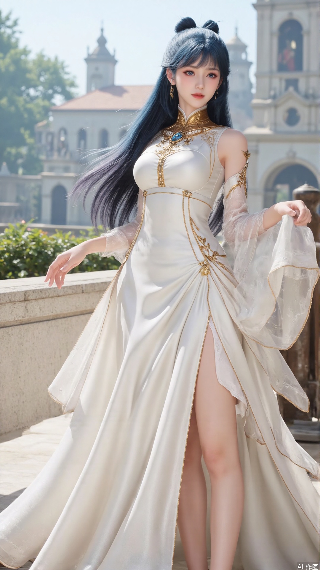 1girl, white wedding dress,looking at viewer, mischevious smile, perfect body, scenery, sharp focus, best quality, masterpiece, detailed outfit, illustration, perfect eyes, finely detailed beautiful anime eyes, realistic skin, intricate details, best lighting, depth of field, ultra high resolution, cowboy_shot, bride