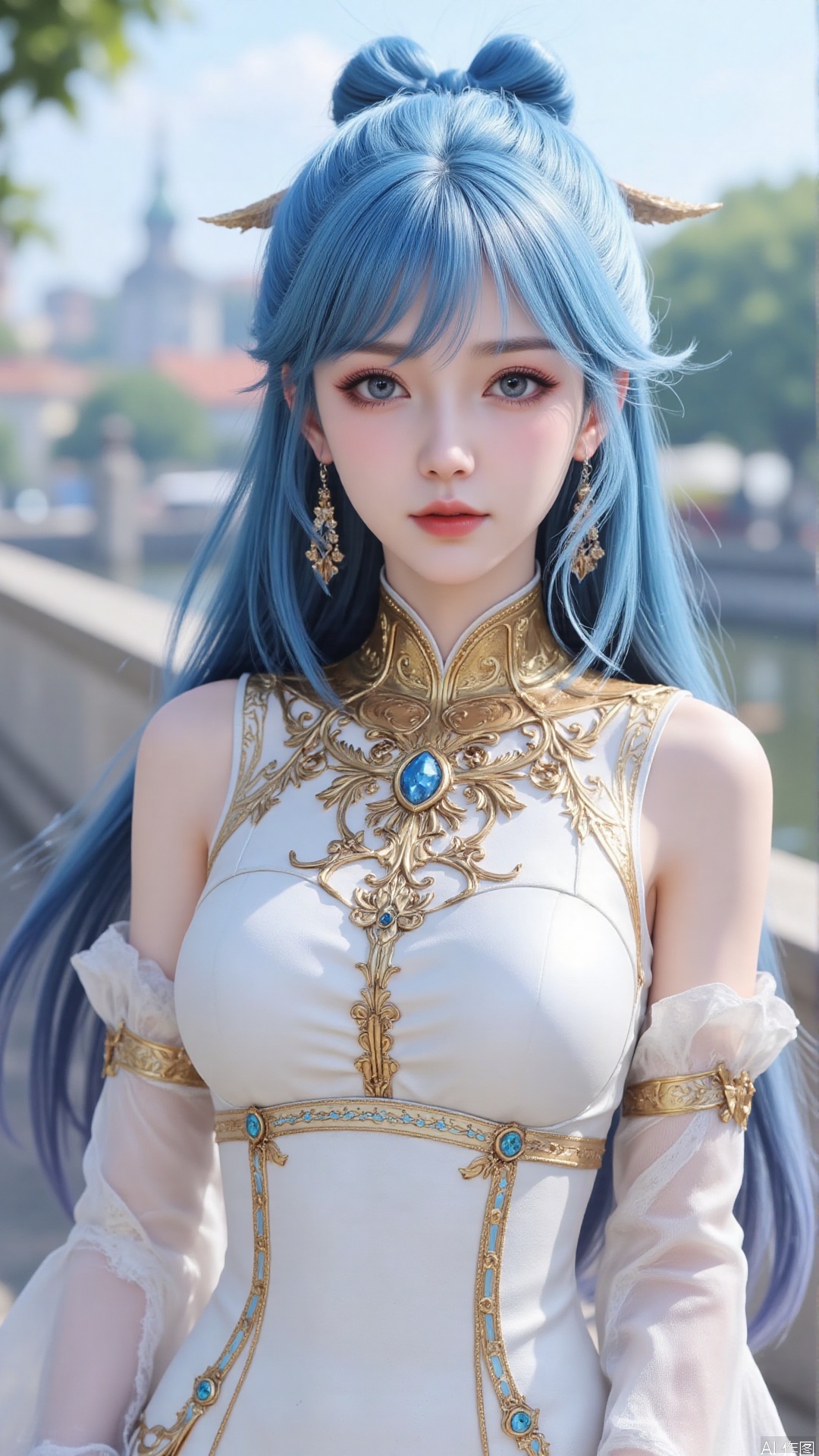1girl, solo, dress, blue hair, jewelry, earrings, blue eyes, long hair, hair rings, hair ornament, detached sleeves, looking at viewer, mischevious smile, perfect body, scenery, sharp focus, best quality, masterpiece, detailed outfit, illustration, perfect eyes, finely detailed beautiful anime eyes, realistic skin, intricate details, best lighting, depth of field, ultra high resolution,cowboy_shot