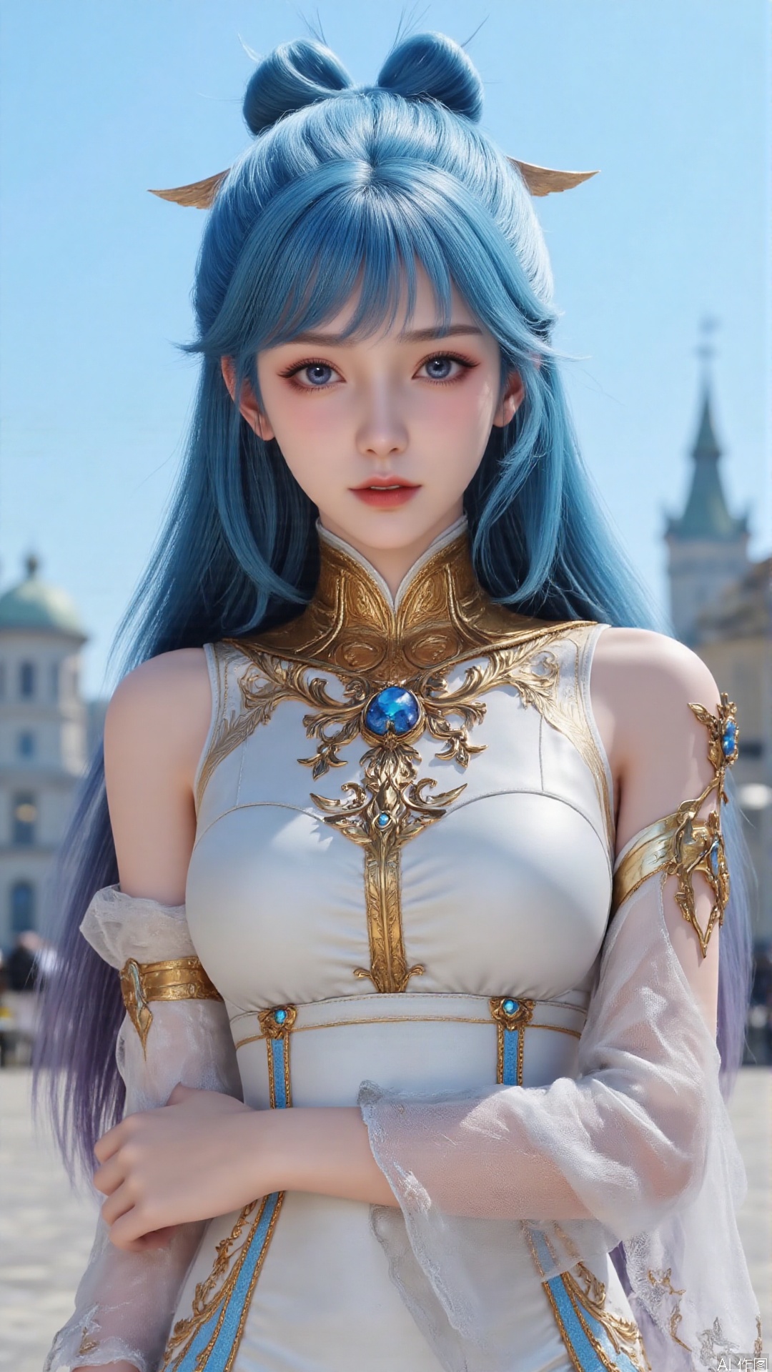 1girl, solo, dress, blue hair, jewelry, earrings, blue eyes, long hair, hair rings, hair ornament, detached sleeves, looking at viewer, mischevious smile, perfect body, scenery, sharp focus, best quality, masterpiece, detailed outfit, illustration, perfect eyes, finely detailed beautiful anime eyes, realistic skin, intricate details, best lighting, depth of field, ultra high resolution,cowboy_shot