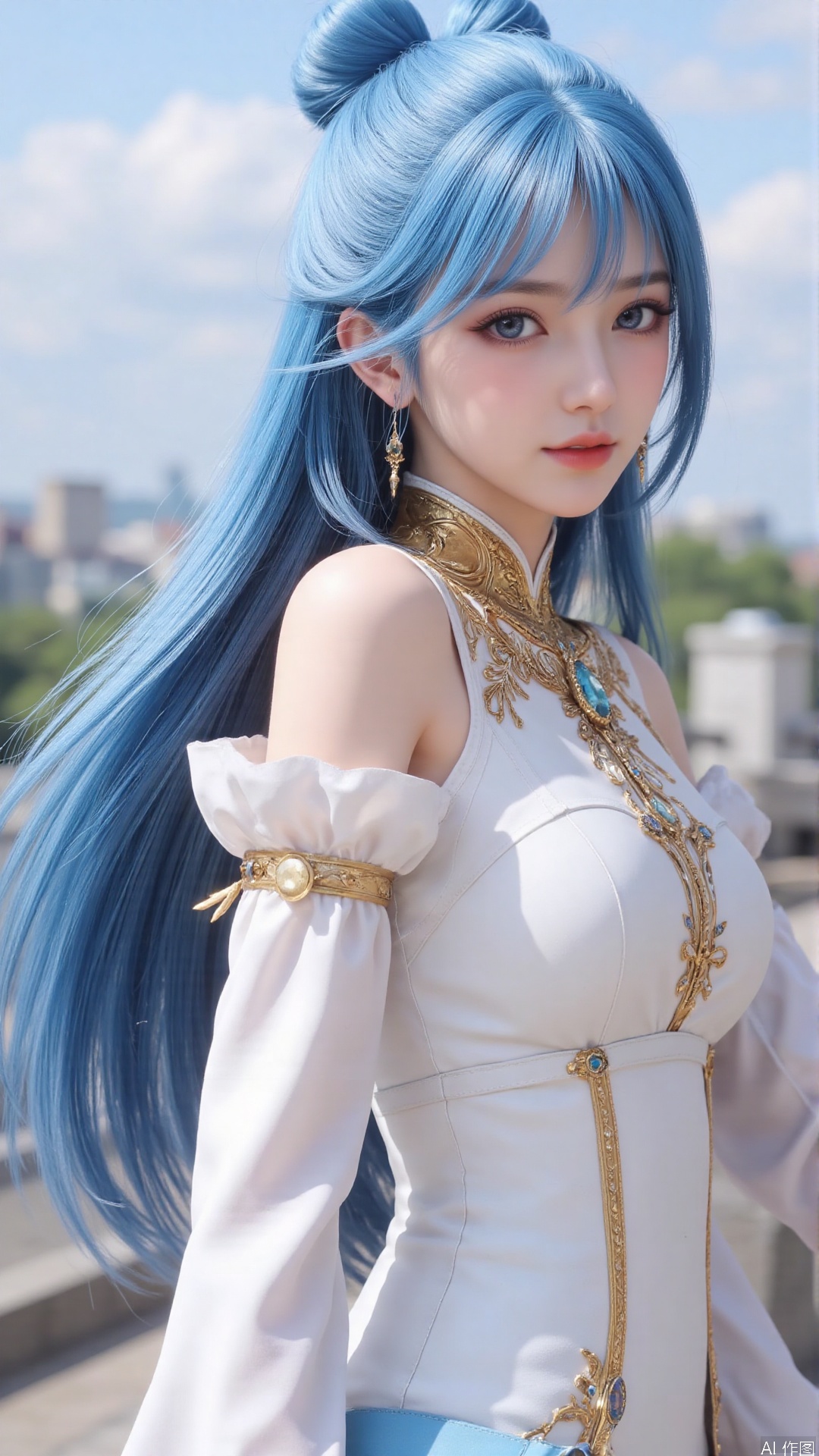 1girl, solo, dress, blue hair, jewelry, earrings, blue eyes, long hair, hair rings, hair ornament, detached sleeves, looking at viewer, mischevious smile, perfect body, scenery, sharp focus, best quality, masterpiece, detailed outfit, illustration, perfect eyes, finely detailed beautiful anime eyes, realistic skin, intricate details, best lighting, depth of field, ultra high resolution,cowboy_shot