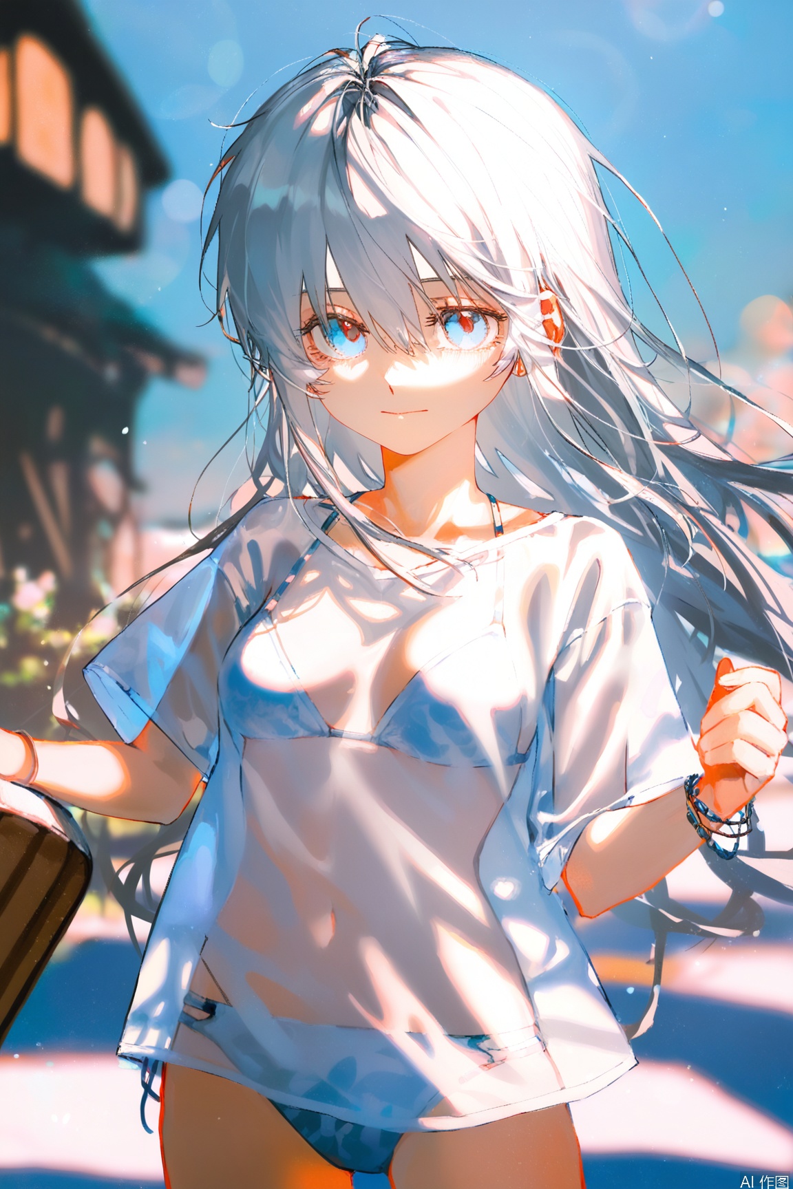 masterpiece,very aware,highres,absurdres,newest,best quality,high quality,loli,petite,chromatic_aberration,Light Blue Theme,lens_flare,(artist:konya_karasue),(artist:rin_yuu),(artist:quasarcake:0.4),(wlop:0.6),(alzi xiaomI:1.2),(mogumo:1.1),1girl, solo, long hair, looking at viewer, bangs, blue eyes, simple background, shirt, white background, hair between eyes, jewelry, closed mouth, swimsuit, white shirt, short sleeves, grey hair, bikini,  breasts,cowboy shot, bracelet, see-through, bikini under clothes, see-through shirt,official art,depth of field,detailed light,blurry background,best shadow,shiny skin,cinematic lighting,ray tracing,
amazing quality,very aesthetic,absurdres,beast quality,ultra detailed,newest,8K,HDR,ciloranko,Yenkurl,watercolor, artist's painting style: soresaki, artist's painting style: au(delete, artist's painting style molu stranger, artist's painting style molu stranger, dynamic action,chiaroscuro