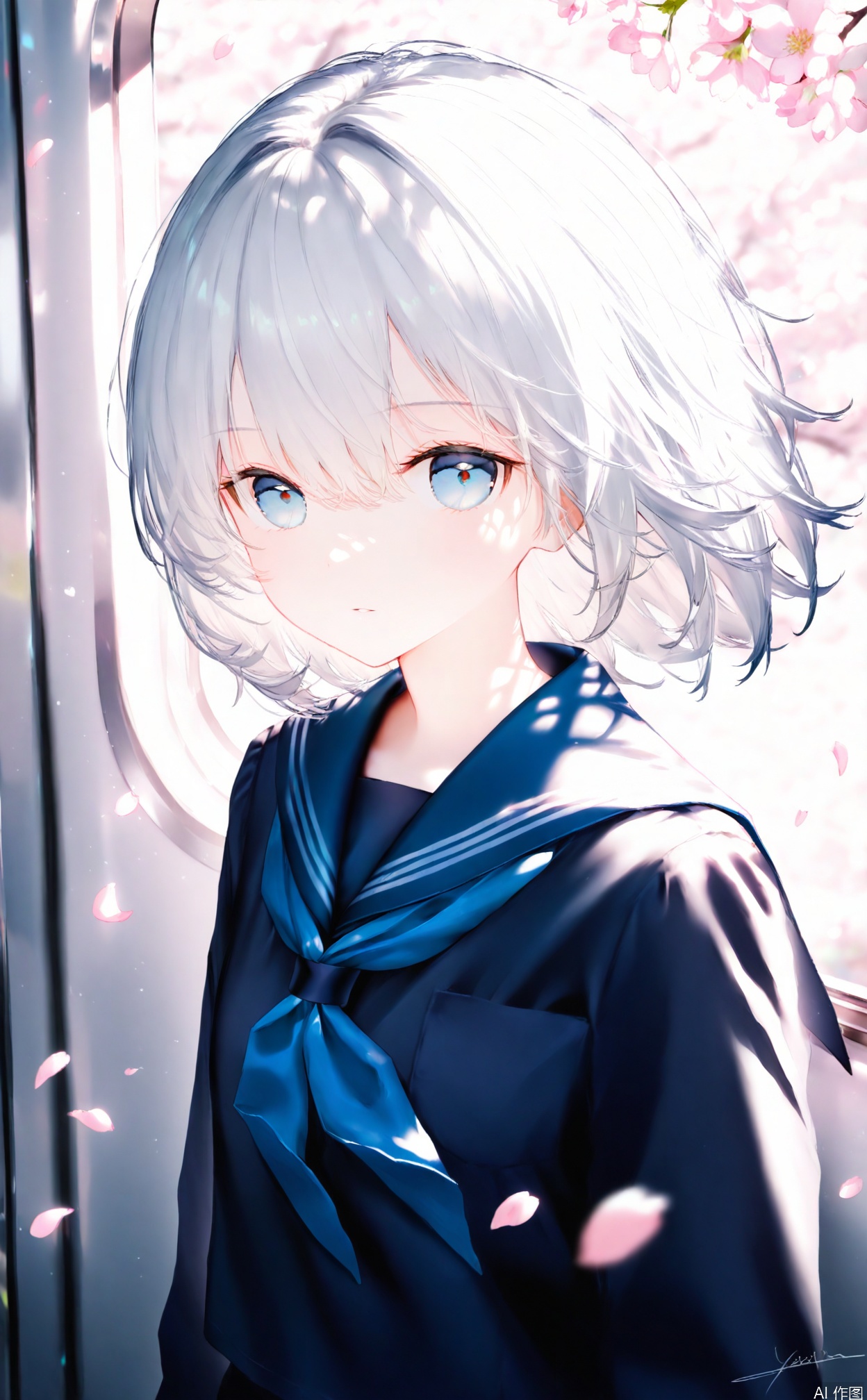 masterpiece,very aware,highres,absurdres,newest,best quality,high quality,chromatic_aberration,
//,
1girl, solo, school uniform, blue eyes, blue neckerchief, looking at viewer, upper body, sailor collar, serafuku, neckerchief, petals, blurry, blue sailor collar, hair between eyes, white hair, shirt, black shirt, blurry background, signature, parted lips, cherry blossoms, window, falling petals, sunlight, train interior, day, depth of field, short hair, grey hair, medium hair, closed mouth, expressionless, long sleeves