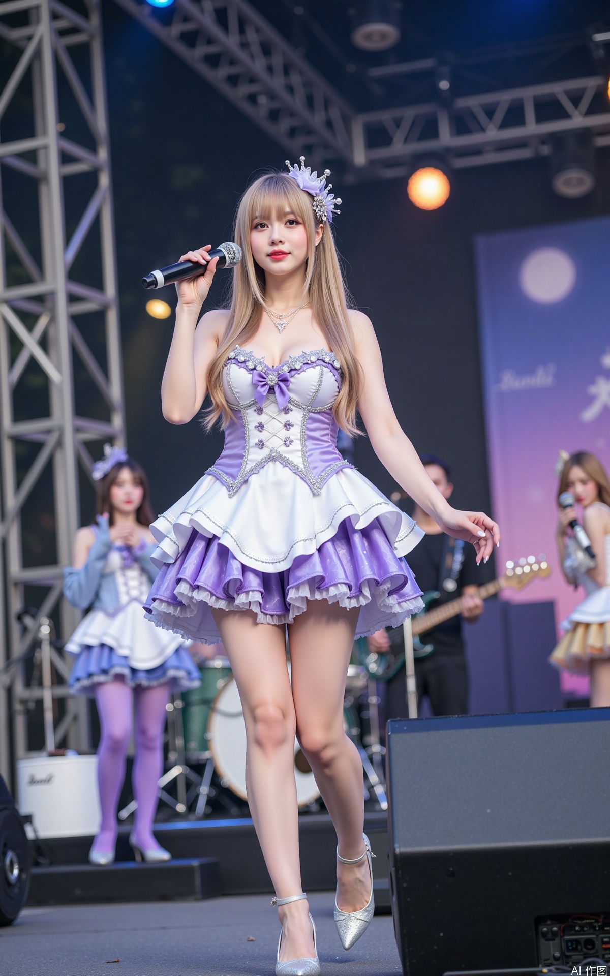 Realistic photo, one young woman, long hair, fair skin, big breast, idol costume, long legs, high heels, full body, singing on a large outdoor stage,