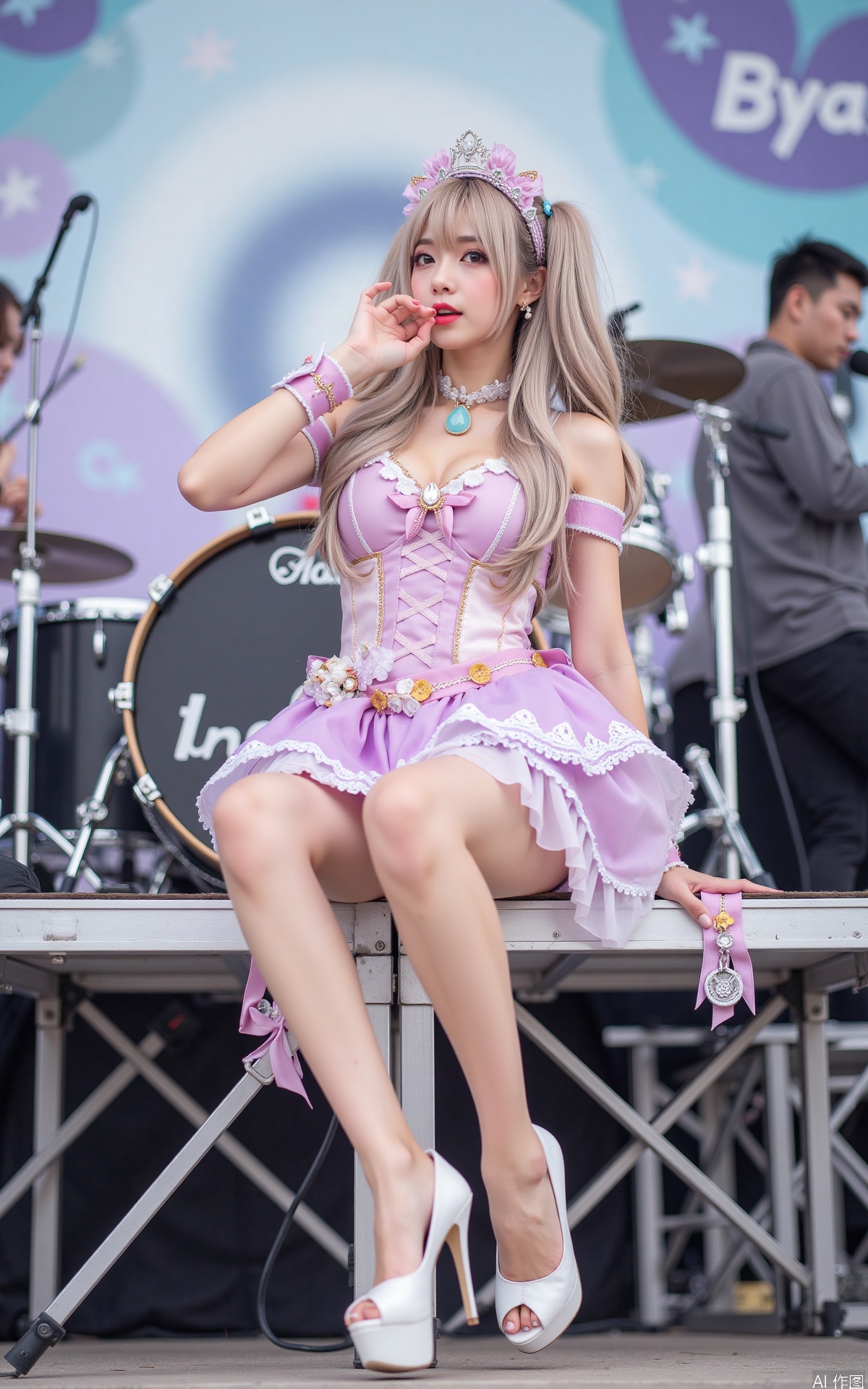 Realistic photo, one young woman, long hair, fair skin, big breast, idol costume, long legs, high heels, full body, sitting, singing on a large outdoor stage,