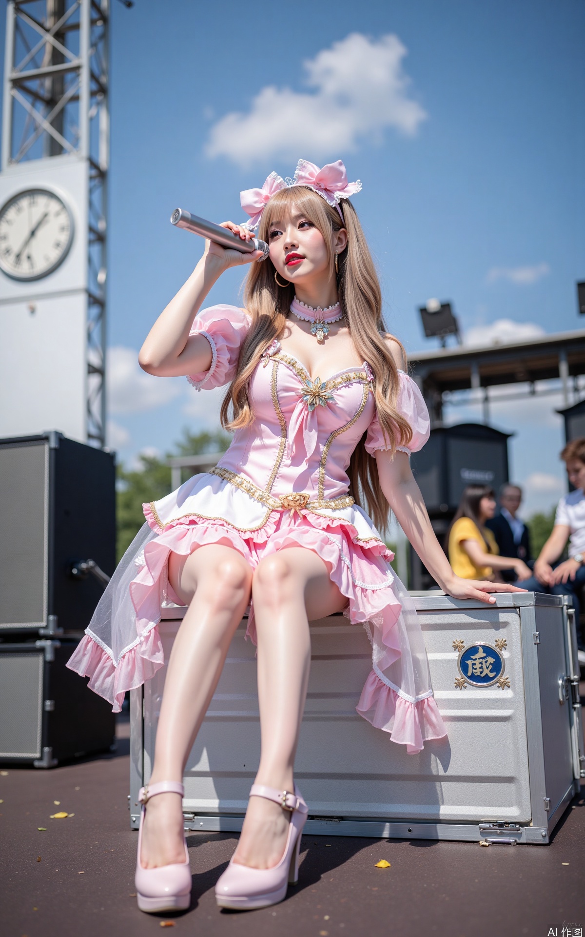 Realistic photo, one young woman, long hair, fair skin, big breast, idol costume, long legs, high heels, full body, sitting on the ground, singing on a large outdoor stage, 