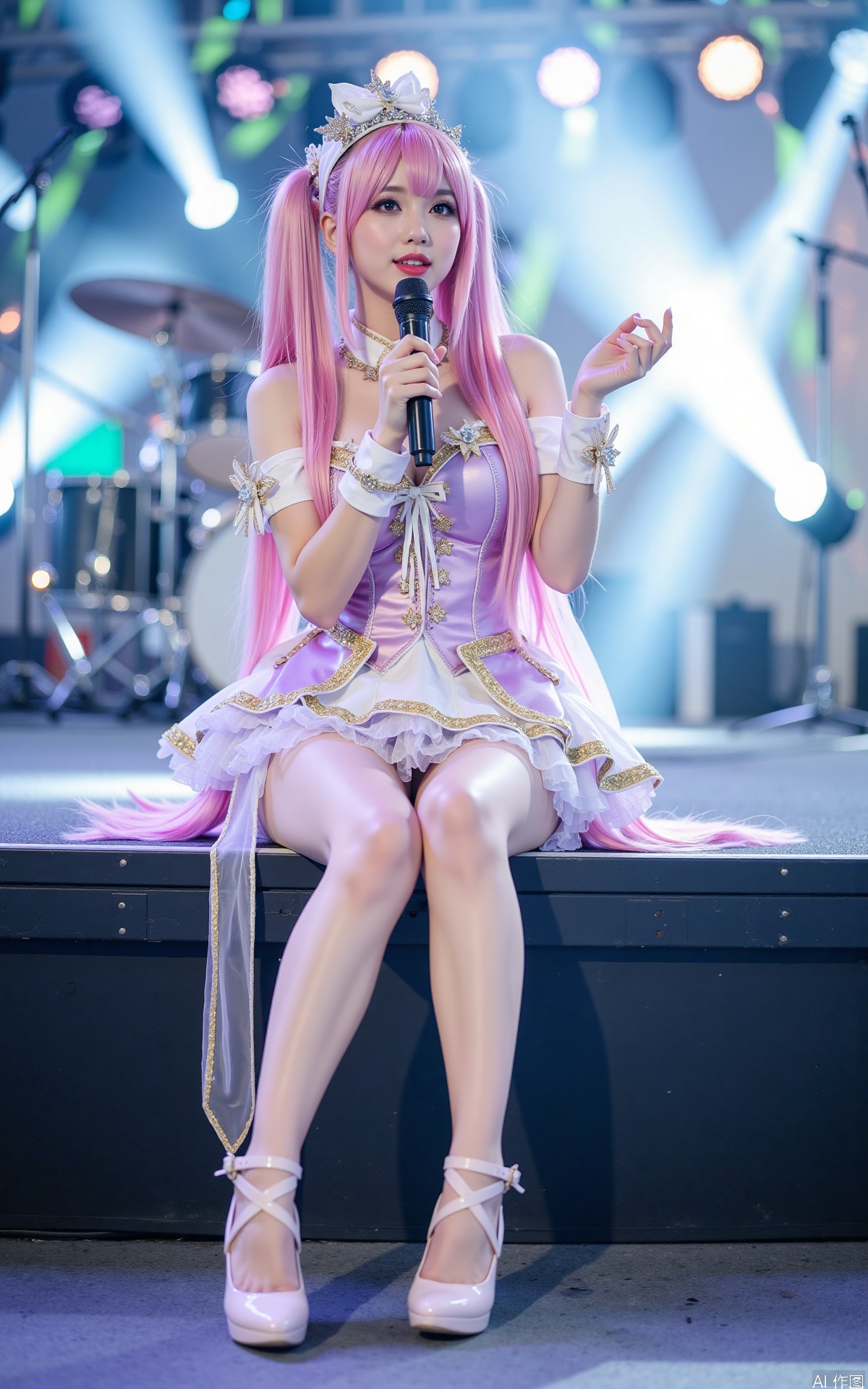 Realistic photo, one young woman, long hair, fair skin, big breast, idol costume, long legs, high heels, full body, sitting, singing on a large outdoor stage,