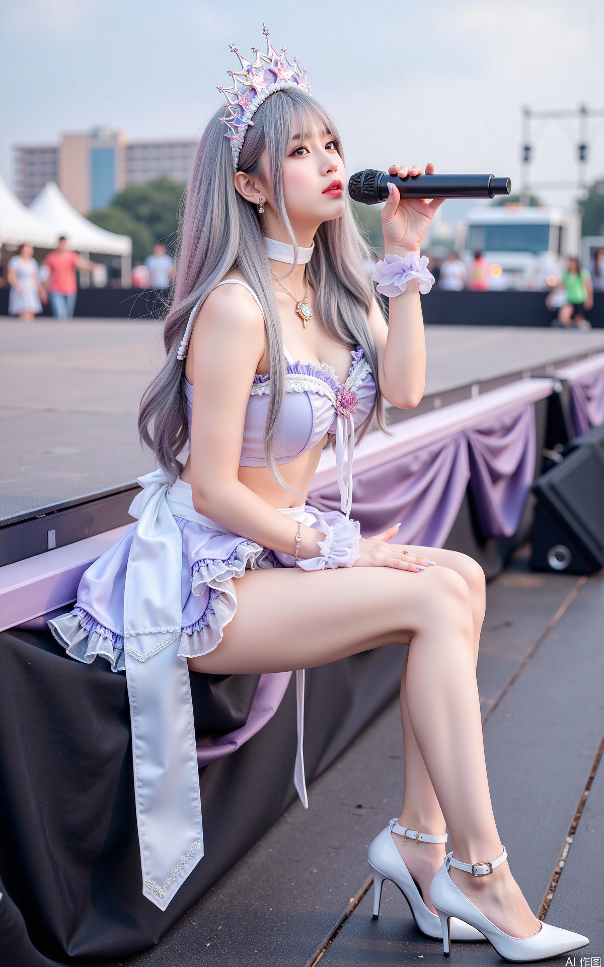 Realistic photo, one young woman, long hair, fair skin, big breast, idol costume, long legs, high heels, full body, sitting on the ground, singing on a large outdoor stage, 