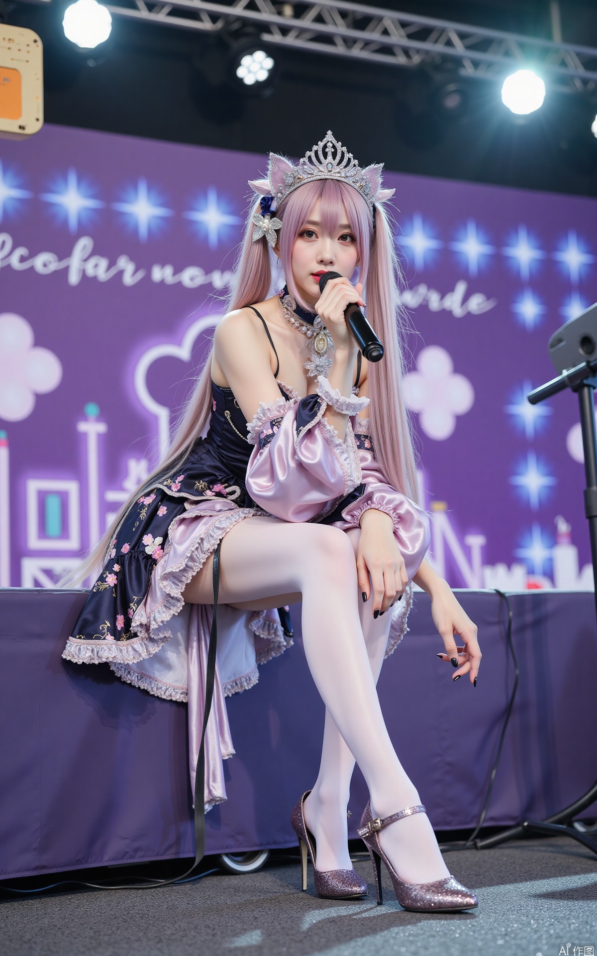 Realistic photo, one young woman, long hair, fair skin, big breast, idol costume, long legs, high heels, full body, sitting, singing on a large outdoor stage,