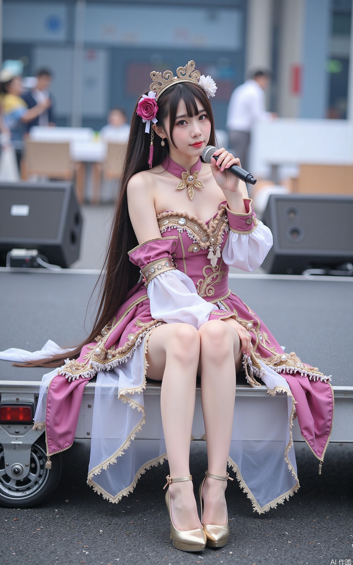 Realistic photo, one young woman, long hair, fair skin, big breast, idol costume, long legs, high heels, full body, sitting, singing on a large outdoor stage,