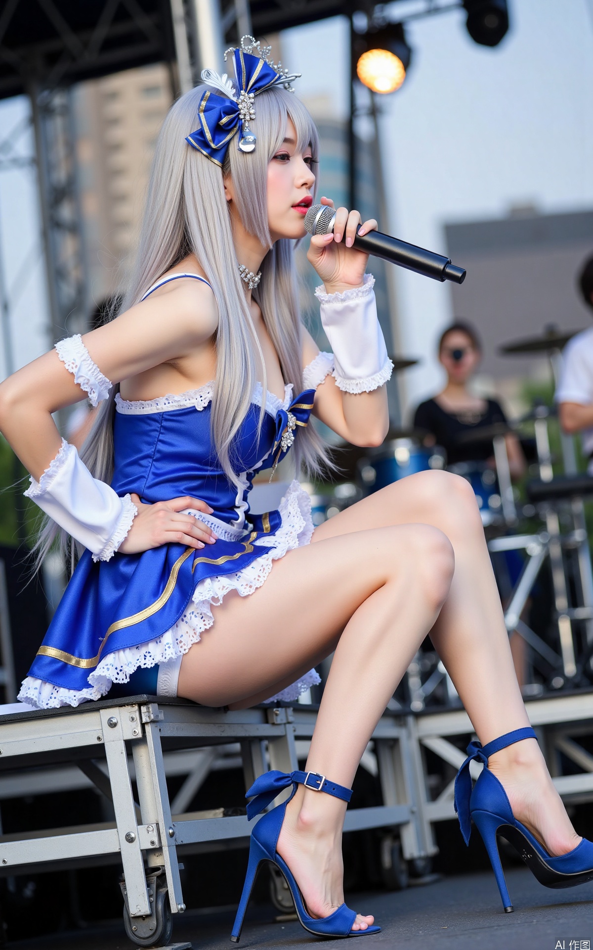 Realistic photo, one young woman, long hair, fair skin, big breast, idol costume, long legs, high heels, full body, sitting, singing on a large outdoor stage,