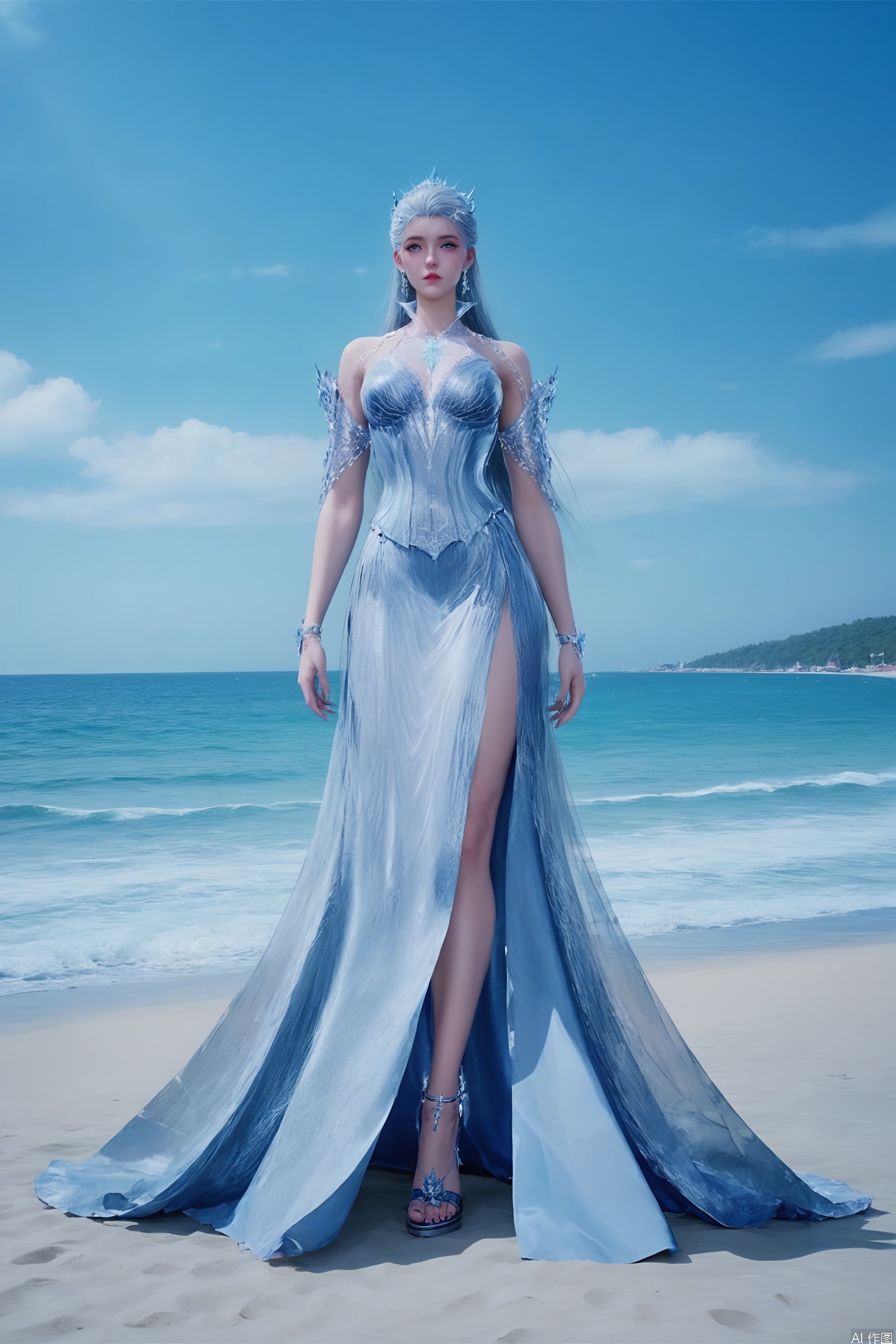 realistic style photo outstanding style,tall,cute,in her teens. Use soft lighting to cast gentle shadows on the subject,adding a touch of dimension to your images without compromising details,score_9,score_8_up,score_7_up,Seaside,beach,wavesupper body,,1girl,long,flowing silver hair,a delicate, silver tiara on head,wears a form-fitting,intricate gown made of delicate,gossamer fabric,which appears to be made of ice,with a shimmering,icy texture,