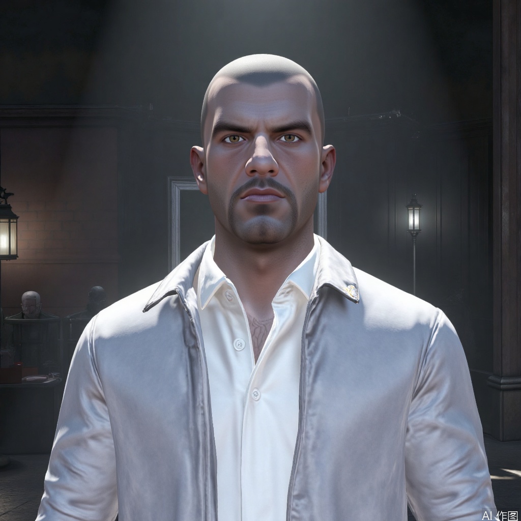 1man,Johnny,solo,white_shirt,male focus,Bright light,bald