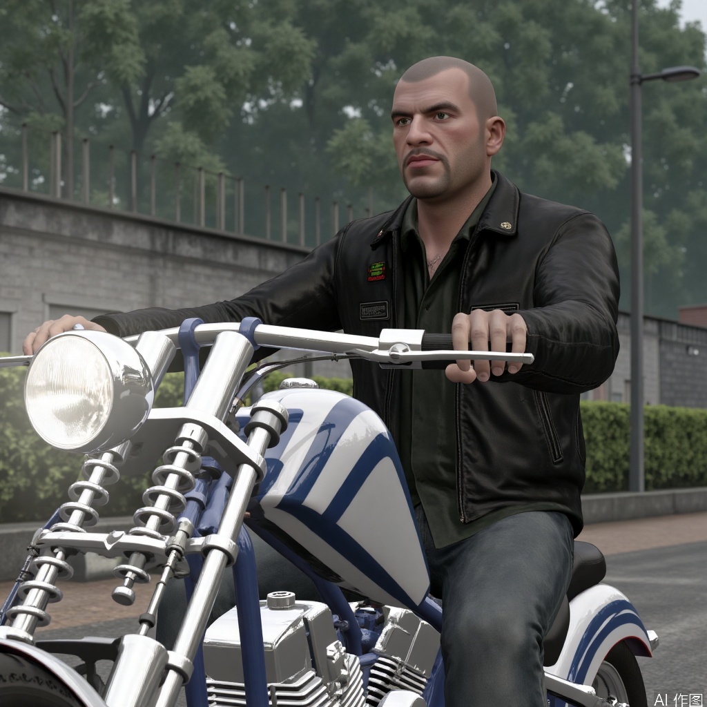 1man,Johnny,solo,leather jacket,male focus,Bright light,very short hair,Riding a motorcycle,bald,