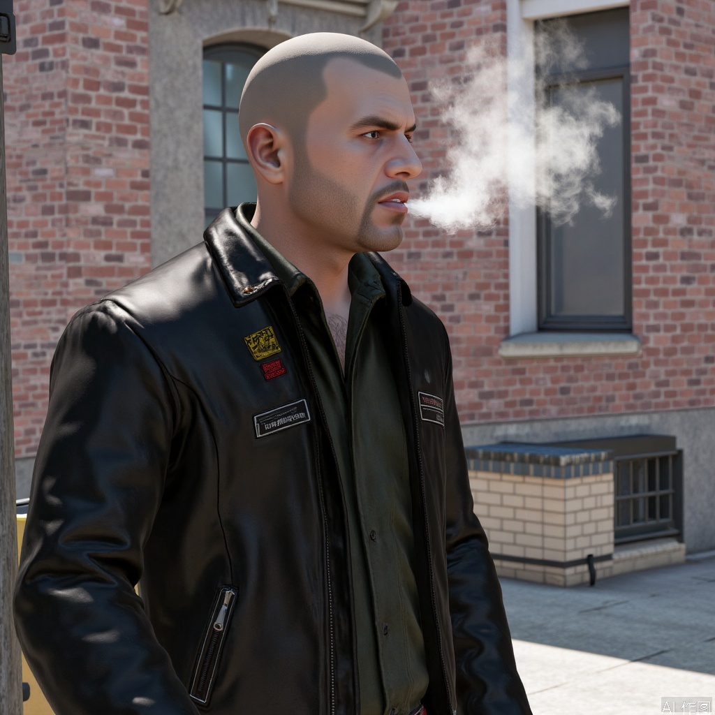 1man,Johnny,solo,leather jacket,male focus,Bright light,very short hair,bald,smoking