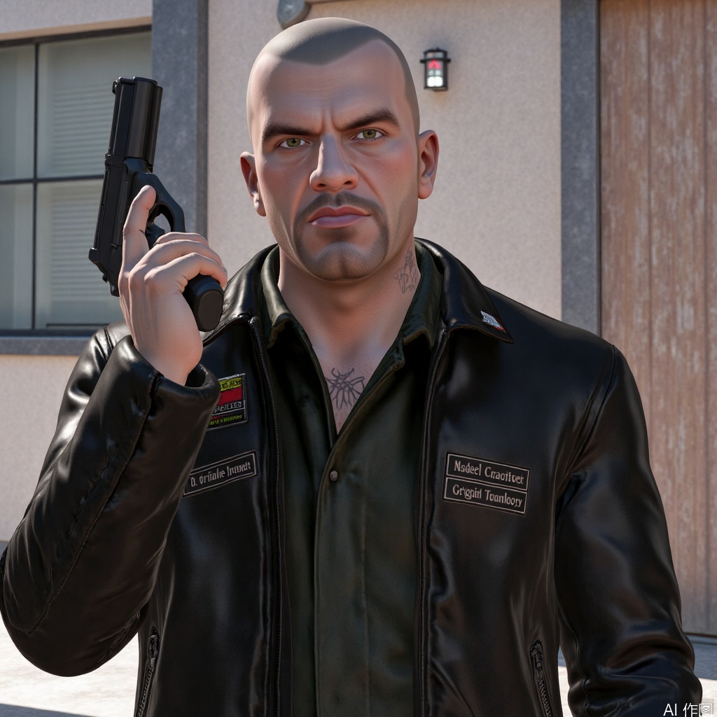 1man,Johnny,solo,leather jacket,male focus,Bright light,very short hair,bald,holding gun