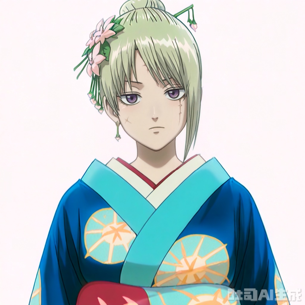 masterpiece, best quality,solo,((white background:1.2)),simple background,
looking at viewer,Tsukuyo,Gintama_anime_style,blonde_hair,purple eyes,scar,scar on forehead,scar on face,folded ponytail,scar on cheek,hair bun,bangs,blue_kimono