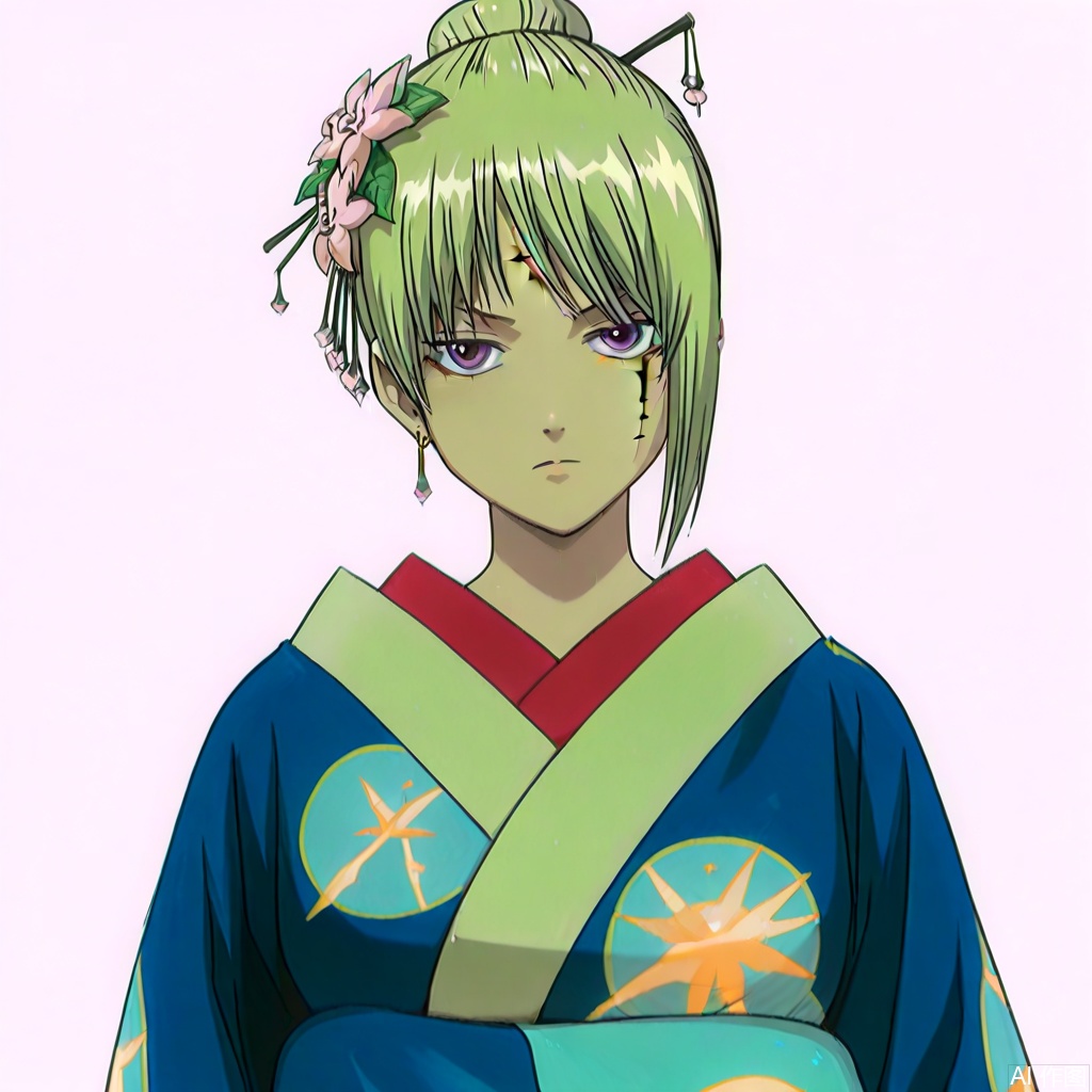masterpiece, best quality,solo,(white background:1.2),simple background,
looking at viewer,Tsukuyo,Gintama_anime_style,blonde_hair,purple eyes,scar,scar on forehead,scar on face,folded ponytail,scar on cheek,hair bun,bangs,blue_kimono,hair_ornament,hair stick,japanese clothes,hair flower
