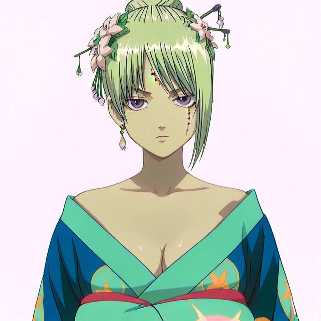 masterpiece, best quality,solo,(white background:1.2),simple background,
looking at viewer,Tsukuyo,Gintama_anime_style,blonde_hair,purple eyes,scar,scar on forehead,scar on face,folded ponytail,scar on cheek,hair bun,bangs,blue_kimono,hair_ornament,hair stick,japanese clothes,hair flower