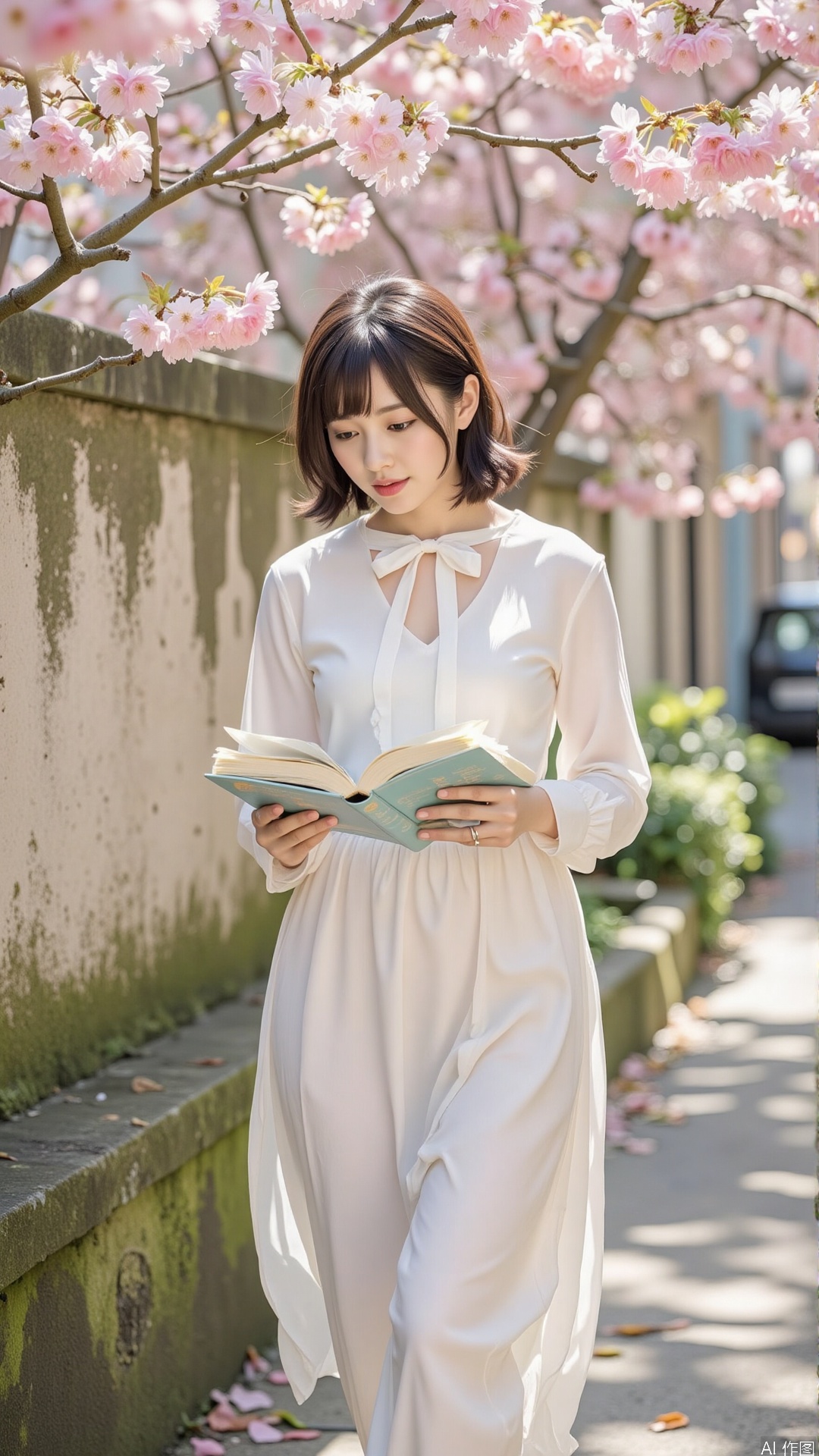 Xyc,with a literary temperament, clear eyes, and slightly curly shoulder - length hair, is dressed in a simple white long dress with a small bow tie at the neckline. She walks in the sunny alley, gently holding a poetry collection in her hand and occasionally lowering her head to read it, with a light pace. Next to her is the weathered wall with Cherry blossoms. The sunlight shines through the gaps in the leaves, creating a mottled light and shadow, which creates a quiet and literary atmosphere. The artistic style is inclined to literary and fresh. The photography equipment is the Leica Q2 camera, with an aperture of f / 2.8, shutter speed of 1 / 250 second, and ISO 100. The color tone is mainly warm white, with light green and light brown. There is a slight film - like texture effect to add a retro literary flavor.,