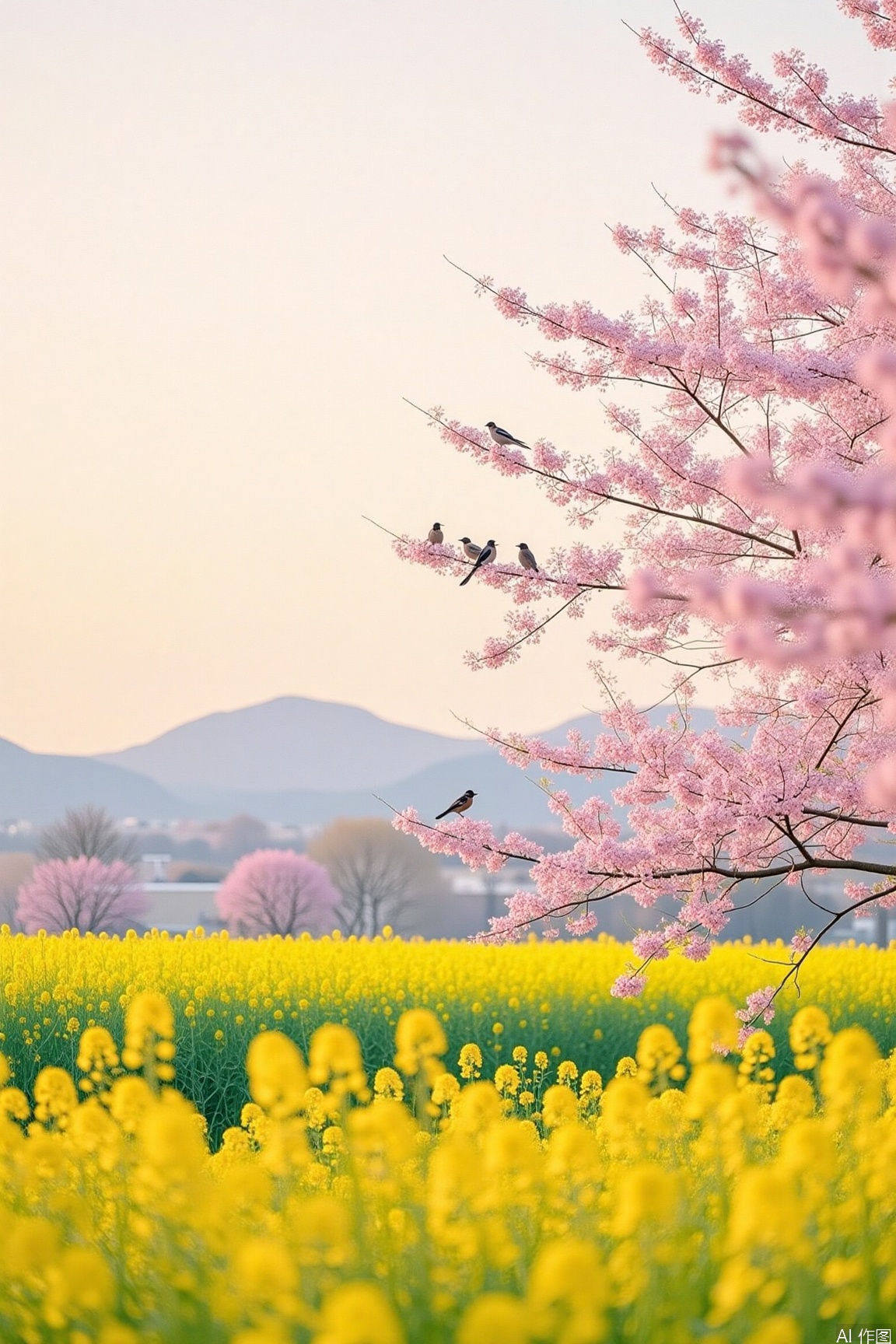 Cherry blossoms,background,no humens,outdoors, bird, Pink and white cherry blossoms bloom on the branches, complementing the golden rapeseed field below. A few birds hop from branch to branch, adding a lively touch to the scene. The soft silhouette of the mountains and the pale pink-blue sky in the background make the entire scene especially peaceful and beautiful.