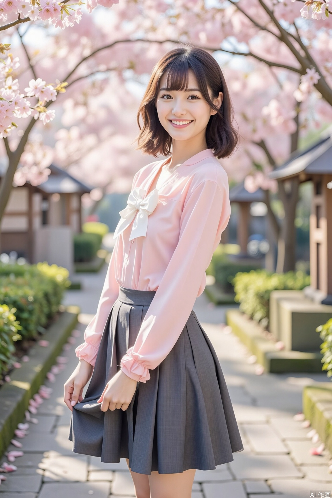 An energetic woman with a chin-length bob, lively eyes, and a warm smile. She wears a modified school uniform, a light pink top with a white bow and a dark gray pleated skirt that seems to flutter as she moves. Standing sideways, her right hand lightly grasps the skirt while her left hangs naturally, body slightly leaning forward as if greeting a friend. The background is a traditional Japanese garden under cherry blossoms, with stone lanterns and neatly trimmed shrubs. Sunlight diffuses through the clouds, casting soft light. Shot with a Nikon D850, 50mm focal length, f/2.8 aperture, 1/125 second shutter speed, ISO 200. The overall tone is pale pink and light yellow, creating a bright spring atmosphere. A slight grainy texture adds a vintage feel to the photo.