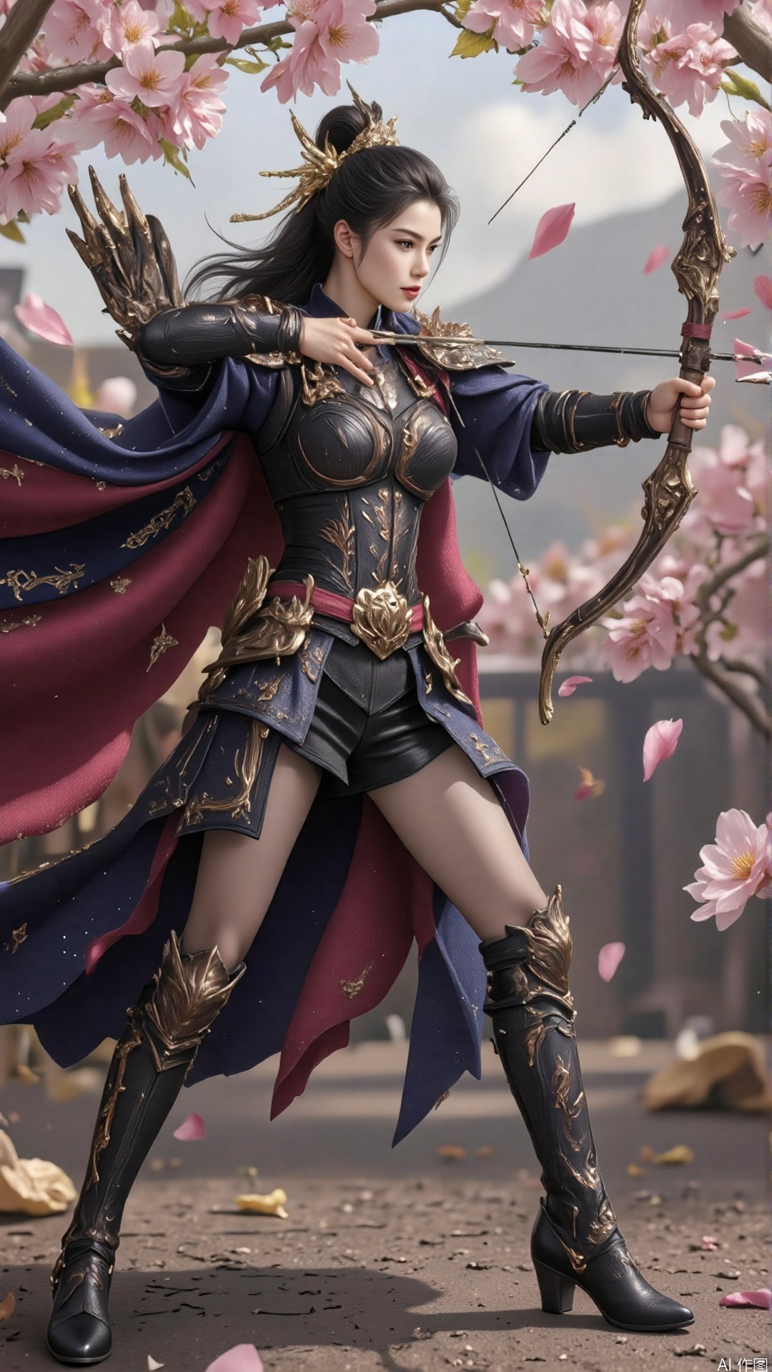 The female warrior of the Three Kingdoms is imposing, her armor adorned with mysterious runes. Her black stockings and embossed combat boots complement her heroic posture as she draws her bow with unwavering determination. The battlefield is filled with flying arrows, captured by a Nikon D850 with an aperture of f/5.6, shutter speed of 1/1000s, and ISO 100. The cool tone is enhanced with arrow trajectory effects, highlighting the tension and intensity of the battlefield.,plns_high heels,Cherry blossoms